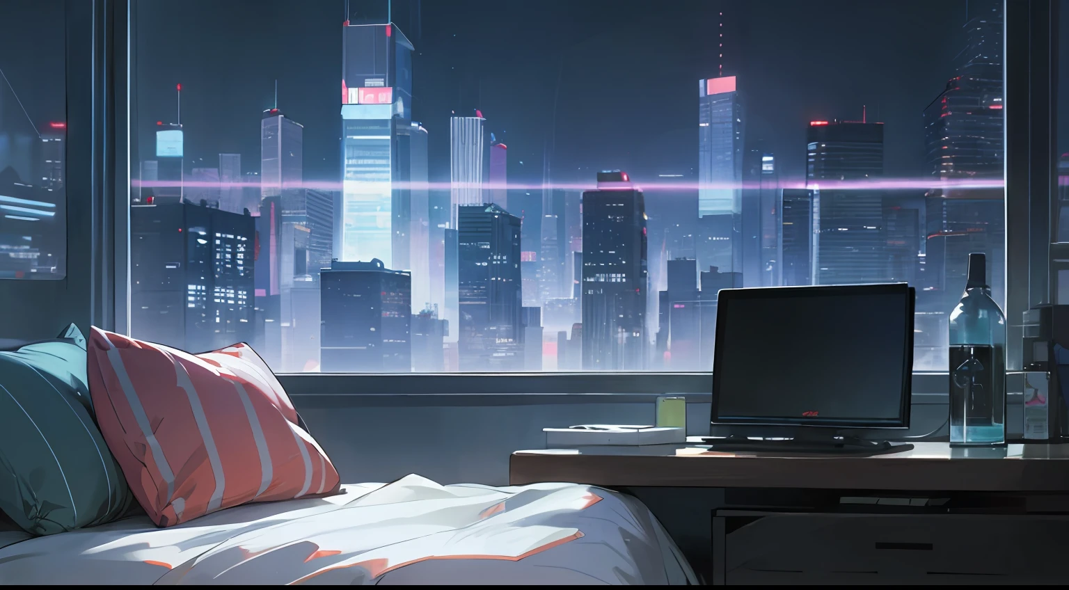 (great details), in night, The bedroom of the future, Indoors, bed room, dim blue-green light, Various items on the countertop, windows right in front of the window, The share of windows accounts for a quarter of the picture, Night view of the city outside the window, anime style 4 k, Cyberpunk anime, 4k anime wallpaper, Anime Art Wallpaper 8K, Anime style. 8K, digital cyberpunk anime art, Hologram