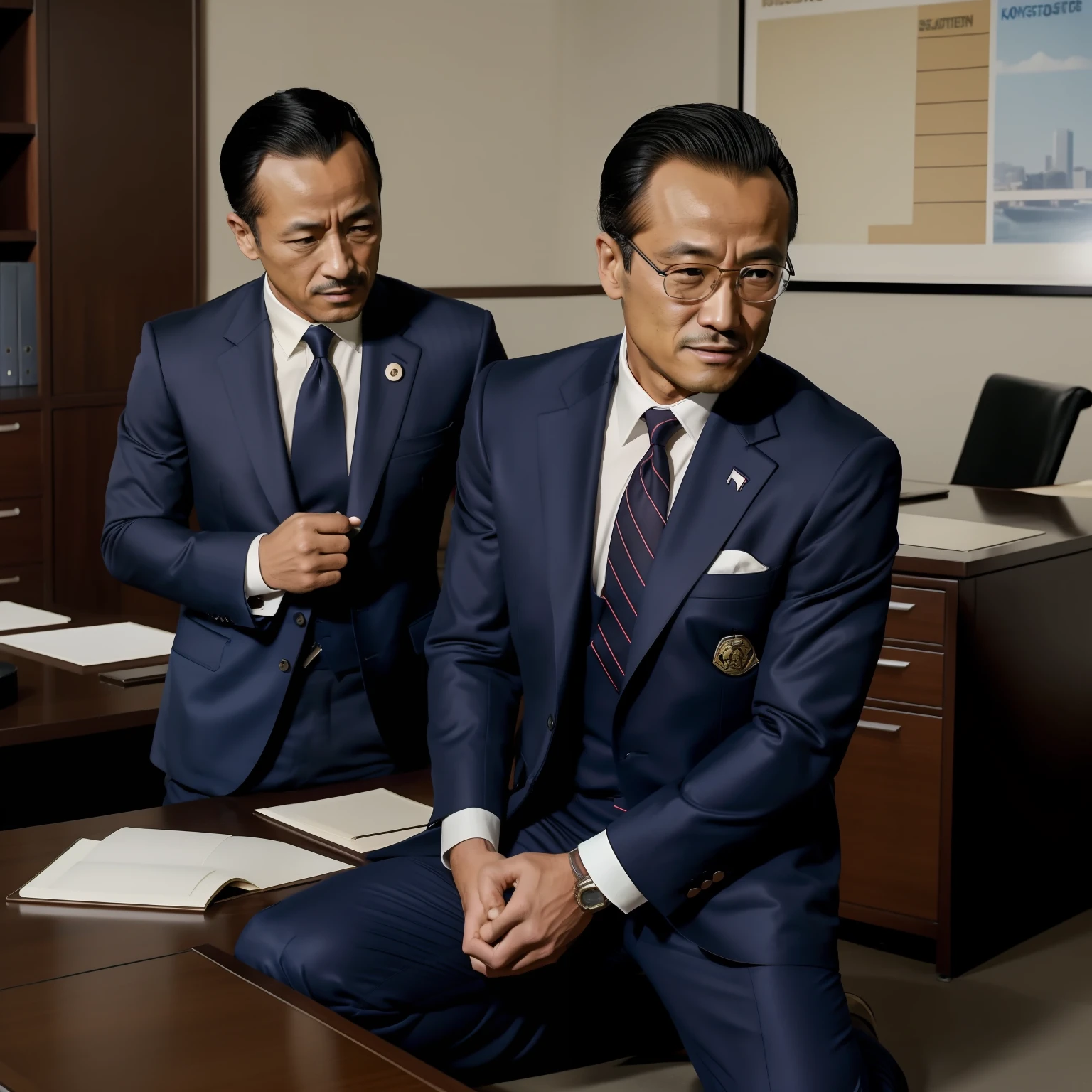 50yearsold，Hidetoshi Nakata，（Kogoro Mouri 1.3），Shirtless，Tong，Bulge，office room，black long socks，Thin，musculature，lbeard，fortitude，artwork of a，tmasterpiece，k hd，ssmile，tightsuit，Business suit，Kneeling，two guys，hand behind head