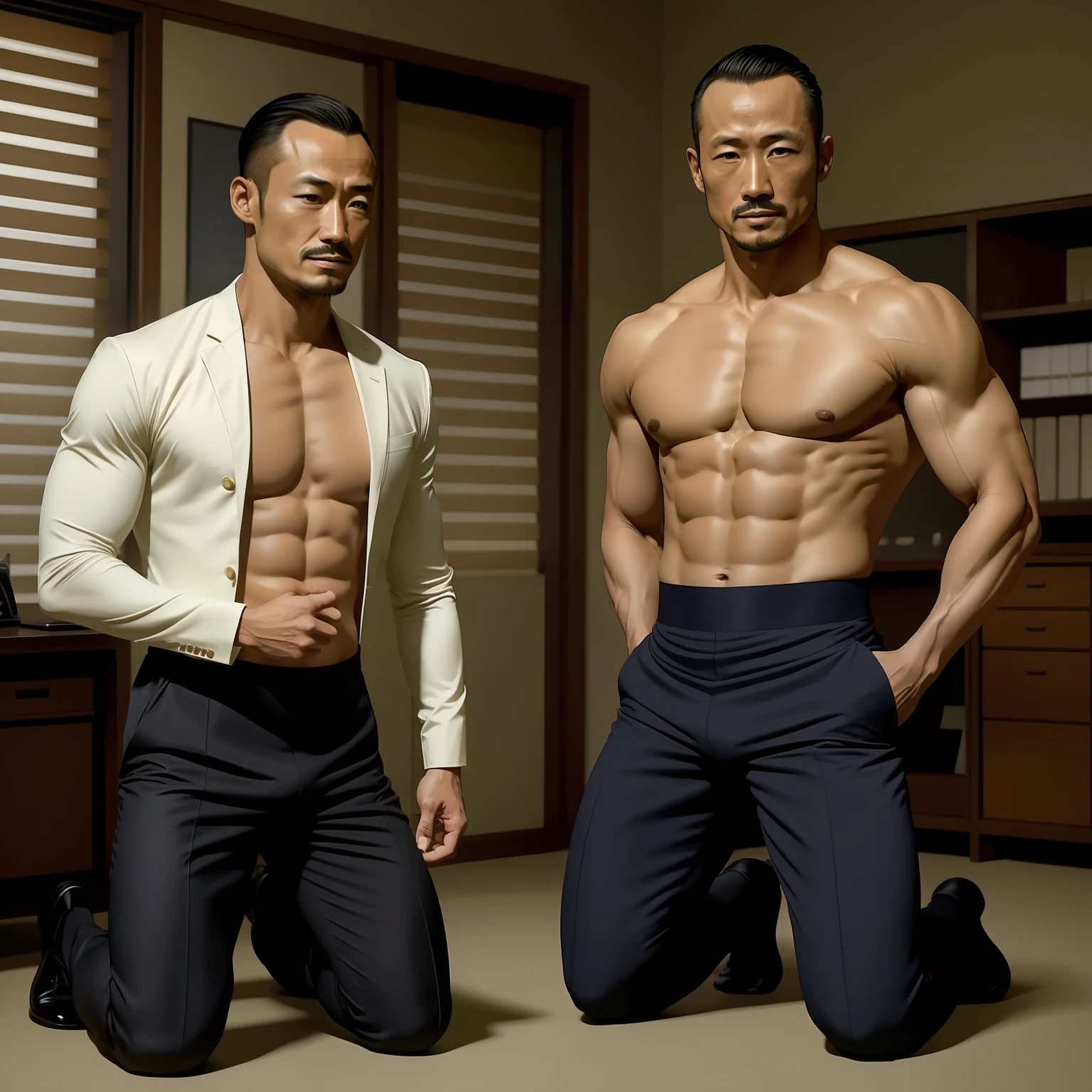 50yearsold，Hidetoshi Nakata，（Kogoro Mouri 1.3），Shirtless，Tong，Bulge，office room，black long socks，Thin，musculature，lbeard，fortitude，artwork of a，tmasterpiece，k hd，ssmile，tightsuit，Business suit，Kneeling，two guys，hand behind head