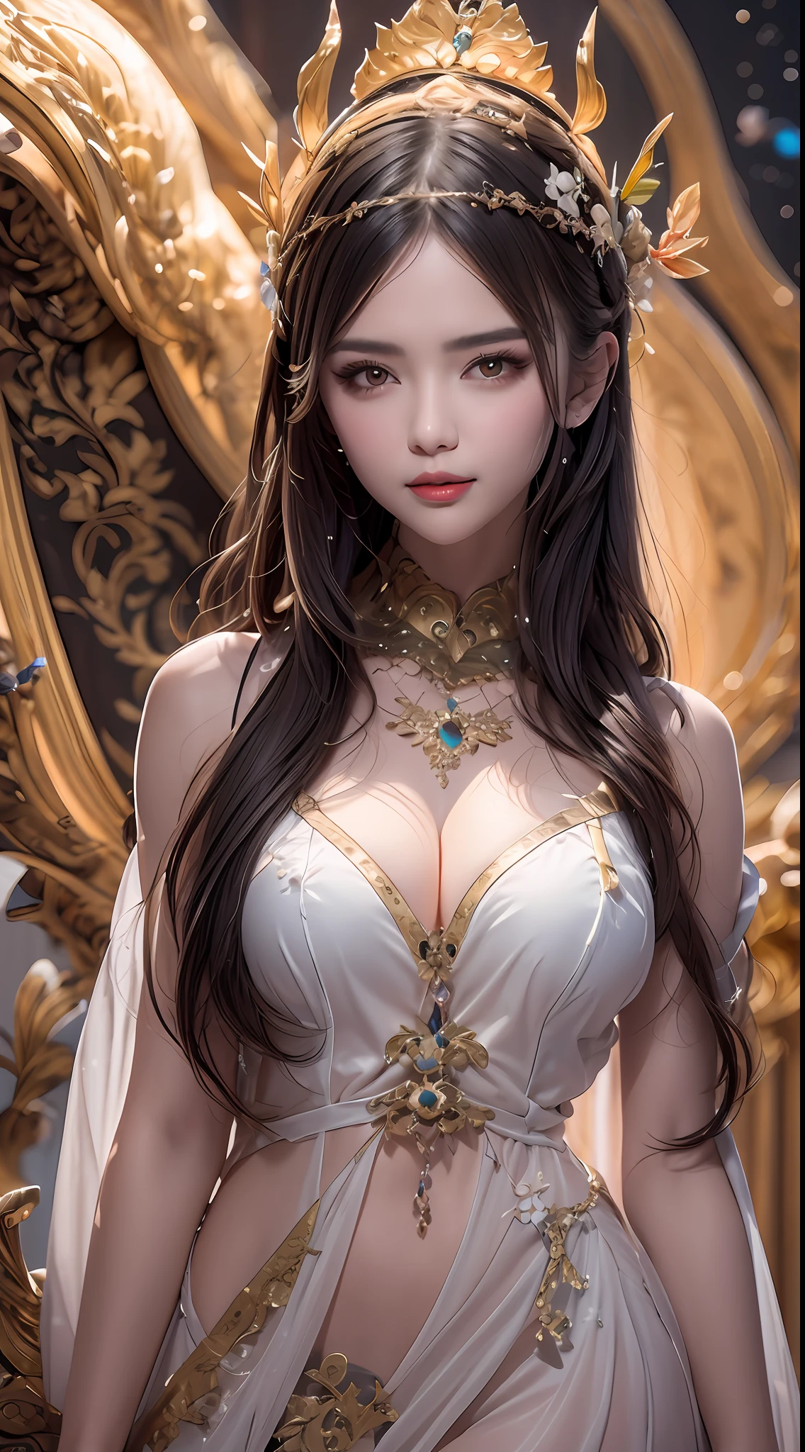 Portrait of a young 20-year-old saint, a saint with a beautiful and super cute face,Wearing a thin red dress with gold edging and glittering and sexy, Ao dai is studded with small sparkling pearls, beautiful cute face, Ao dai with a deep slit in the chest and attractive black and white lace trim, beautiful face without blemishes, Lovely smile, ((7-color hair length:1.2)), big crown, hair brooch, hanfu dress, chinese ancient style, full body jewelry, forehead tattoo, The female saint's breasts are round and very full, breast augmentation, innocent face, The most beautiful and detailed light red lipstick, ((Thin plump lips:0.3)), ((Golden eyes:1.2)), The eyes are delicately decorated,(white and detailed) cinematic, light and dark, dramatic lighting, magical light, extremely detailed light, true color, super sharp, realistic, 8k quality, fantasy universe background, saints and magical space, the most detailed images, Solo, a saintess, ((looking directly at the saint's upper body:0.4)), ((smooth skin:0.5)), Extremely detailed pixels, super true, extremely detailed and complex graphics, the highest resolution, close-up portrait,