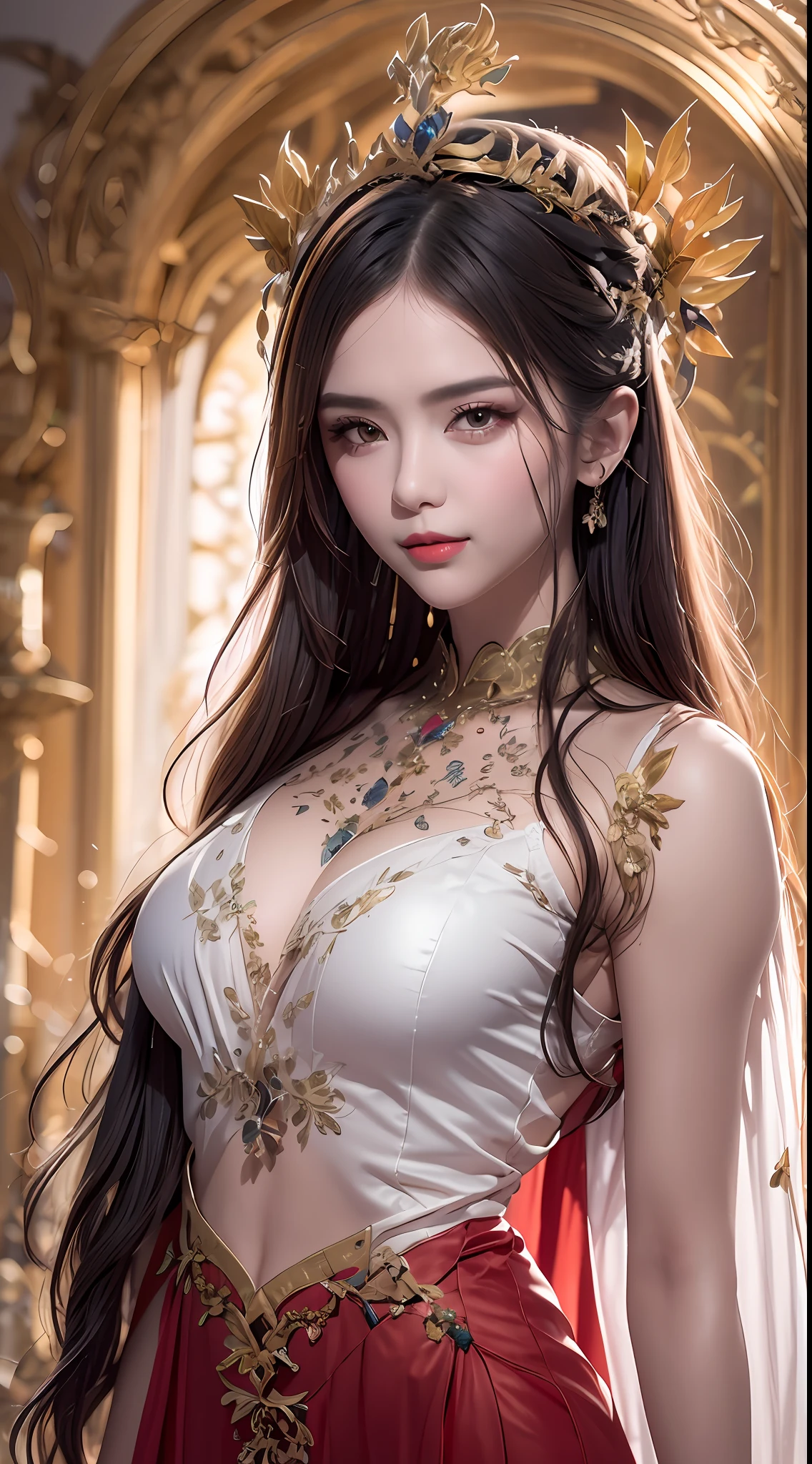 Portrait of a young 20-year-old saint, a saint with a beautiful and super cute face,Wearing a thin red dress with gold edging and glittering and sexy, Ao dai is studded with small sparkling pearls, beautiful cute face, Ao dai with a deep slit in the chest and attractive black and white lace trim, beautiful face without blemishes, Lovely smile, ((7-color hair length:1.2)), big crown, hair brooch, hanfu dress, chinese ancient style, full body jewelry, forehead tattoo, The female saint's breasts are round and very full, breast augmentation, innocent face, The most beautiful and detailed light red lipstick, ((Thin plump lips:0.3)), ((Golden eyes:1.2)), The eyes are delicately decorated,(white and detailed) cinematic, light and dark, dramatic lighting, magical light, extremely detailed light, true color, super sharp, realistic, 8k quality, fantasy universe background, saints and magical space, the most detailed images, Solo, a saintess, ((looking directly at the saint's upper body:0.4)), ((smooth skin:0.5)), Extremely detailed pixels, super true, extremely detailed and complex graphics, the highest resolution, close-up portrait,