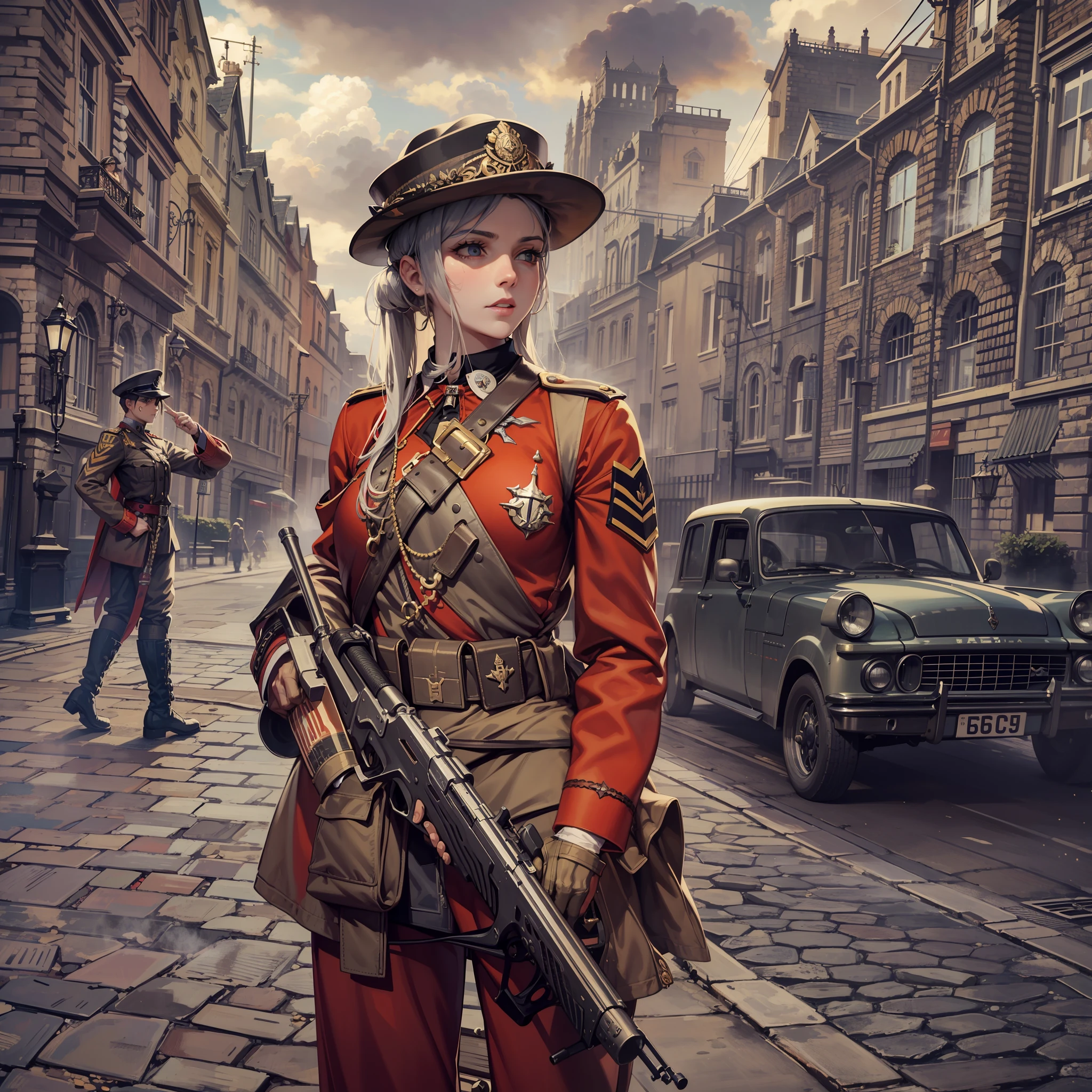 En un mundo dieselpunk. A very pretty young soldier in the British army, con un gran sombrero y un traje rojo con muchos botones y varias medallas. She carries a strange steam rifle. She is doing patrol on a large cobblestone street with large buildings... La luz es algo pobre debido al exceso de humo.