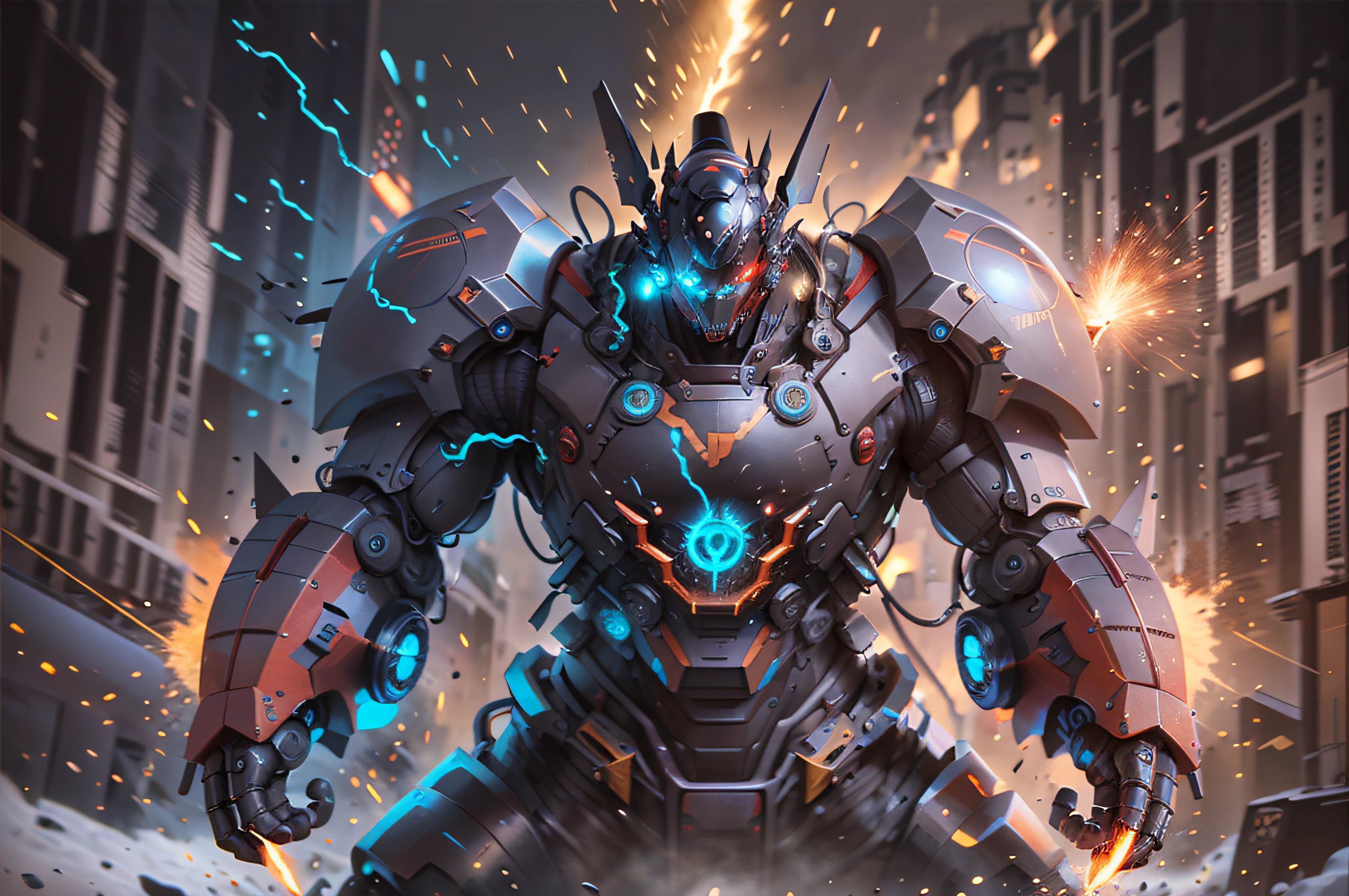 An incredible color aerial view daguerrotype of realistic looking Mazinger Z. a towering giant robot, standing at 20 meters tall. It boasts a powerful and robust frame, adorned with vibrant red and blue colors. Its head features a horn-like crest and glowing eyes. With rocket-powered fists and energy-based laser cannons, it's a formidable force. Dynamic visual effects, like flames and sparks, highlight its immense power. It represents strength, courage, and unwavering determination in the face of adversity. He is fighting against a Kaiju, a horrid intergalactic outer space foul ogre in the middle of Tokio, Japan, in 1973. You can see the perfect details in his body made of a rare metal alloy. Encaustic