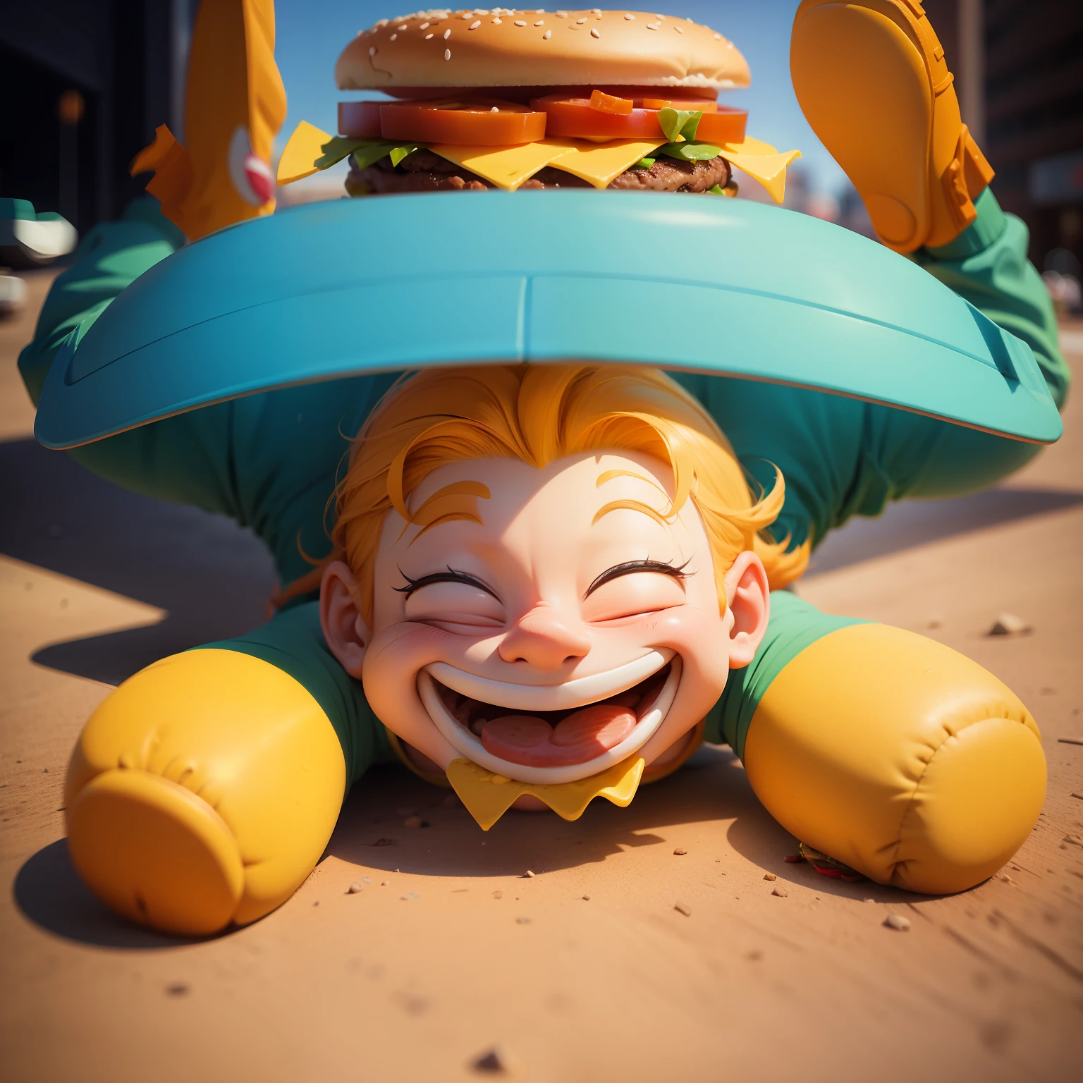 Cartoon jumping happy eating burgers and falling to the ground