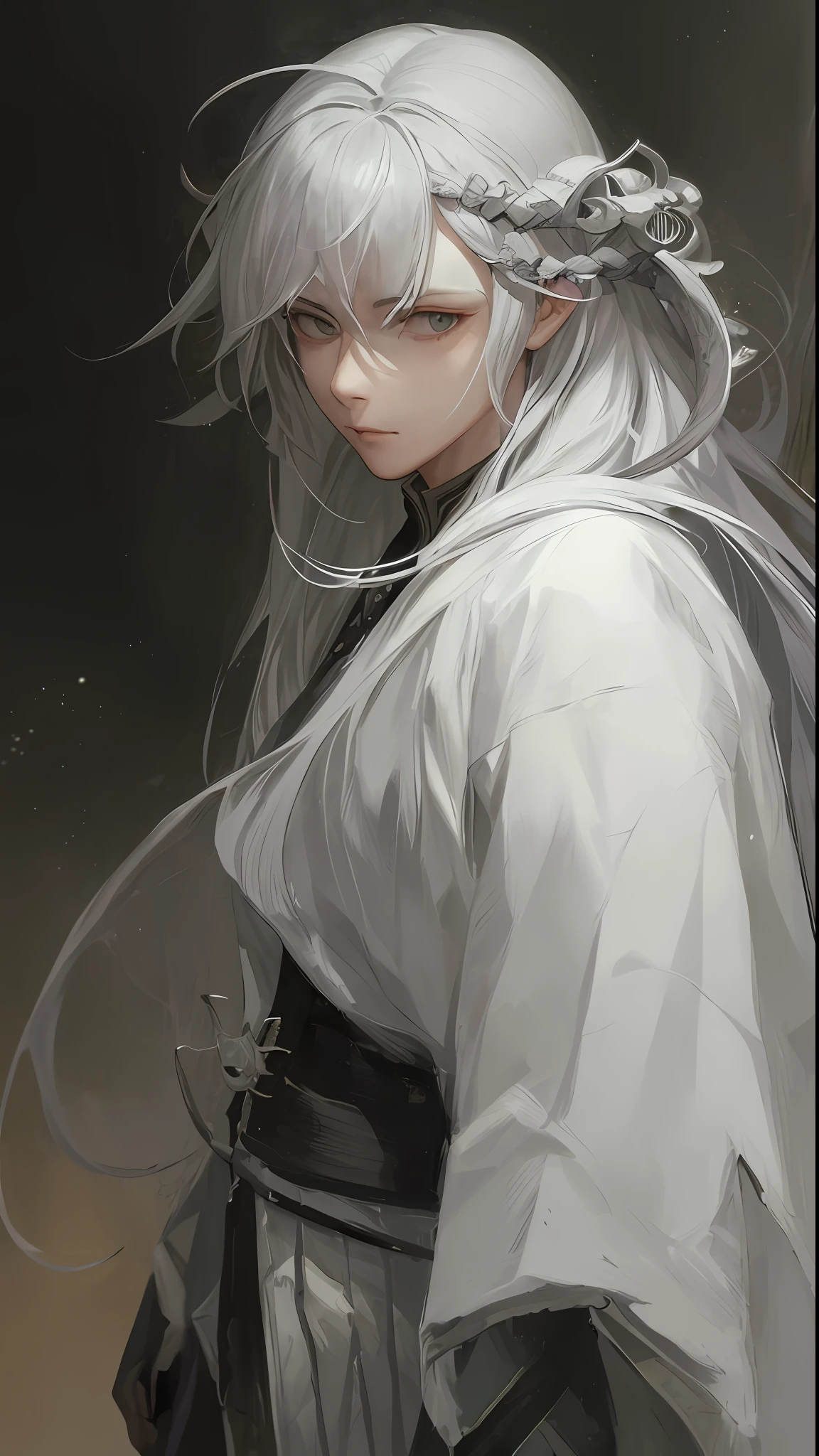 a close up of a person with white hair and a sword, white haired deity, with white long hair, with long white hair, artwork in the style of guweiz, white haired, guweiz, handsome guy in demon slayer art, beautiful character painting, by Yang J, white-haired, guweiz on pixiv artstation, anime character