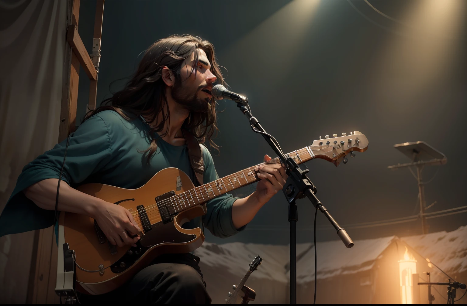 (Detailed description) (melhor qualidade) crie uma imagem de jesus, tocando guitarra, fundo montanhas