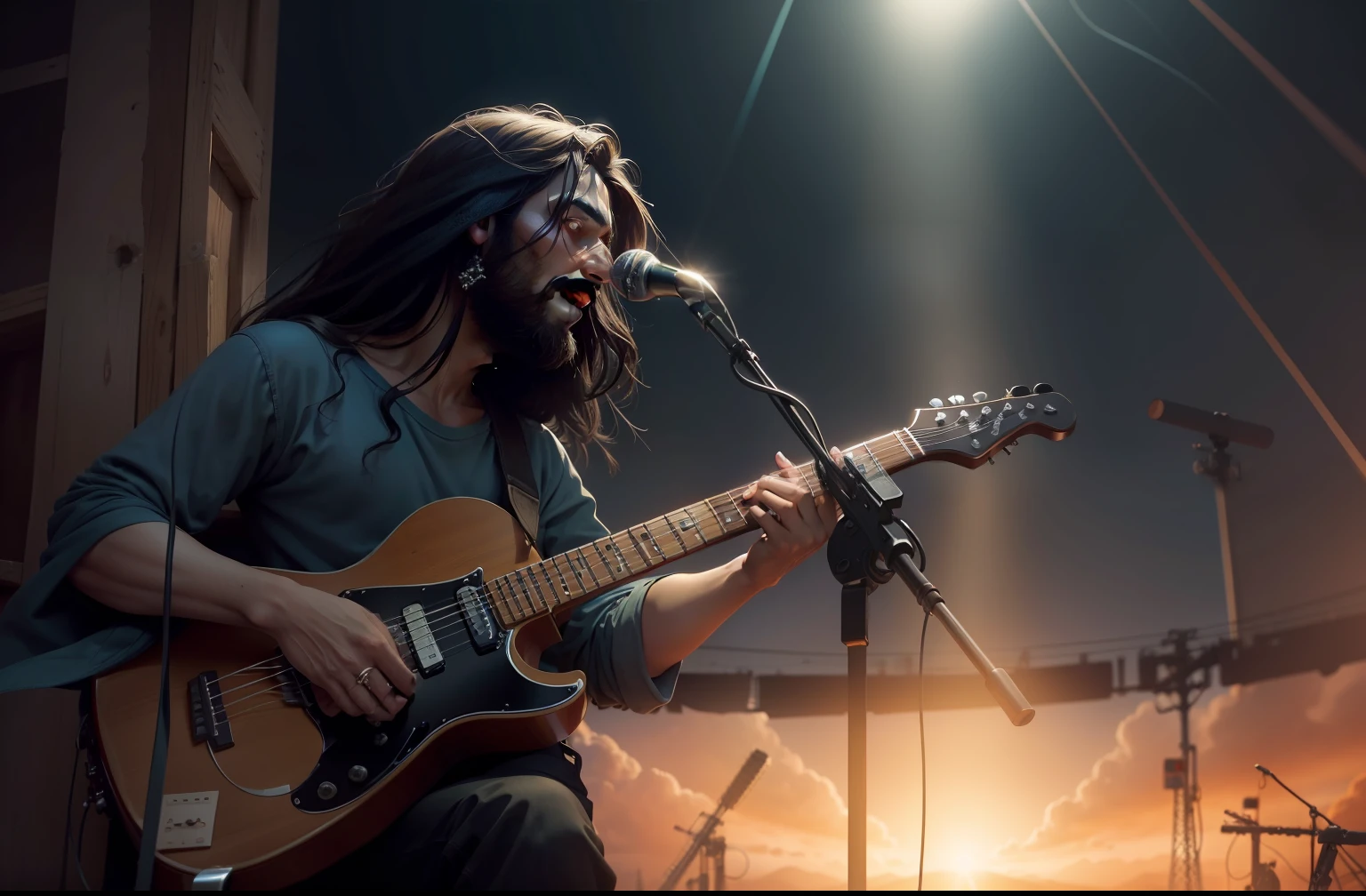 (Detailed description) (melhor qualidade) crie uma imagem de jesus, tocando guitarra, fundo montanhas