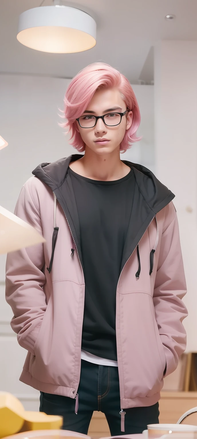 Handsome teen,wolf cut hair,pink hair, round glasses, realistic, ultra detail, 70mm lens