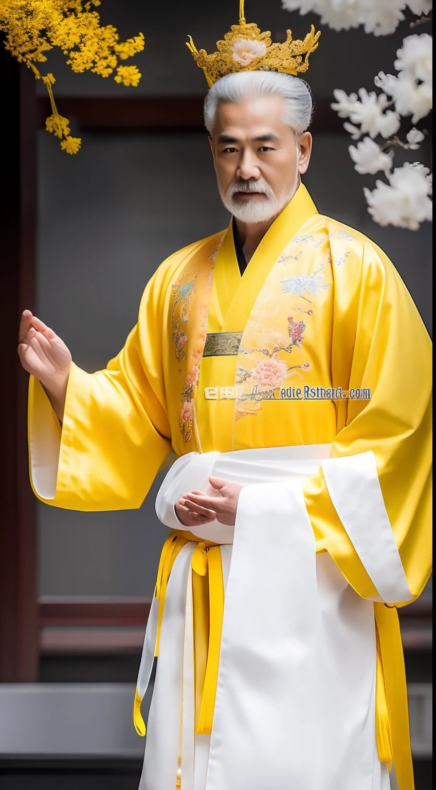 Masterpiece, Highest quality, (solofocus),, (High detail: 1.1),dojo，Yellow robe， Man, chinese crown, 1人,and white hair,超高分辨率 , Detailed background, realisticlying, wearing a detailed and intricate xianxia antique outfit