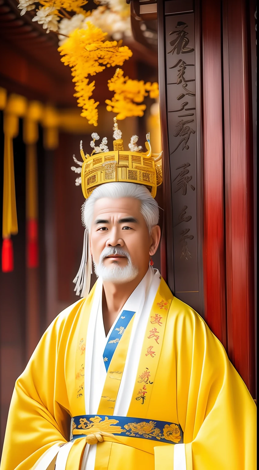 Masterpiece, Highest quality, (solofocus),, (High detail: 1.1),dojo,Yellow robe, Man, chinese crown, 1人,and white hair,超高分辨率 , Detailed background, realisticlying, wearing a detailed and intricate xianxia antique outfit