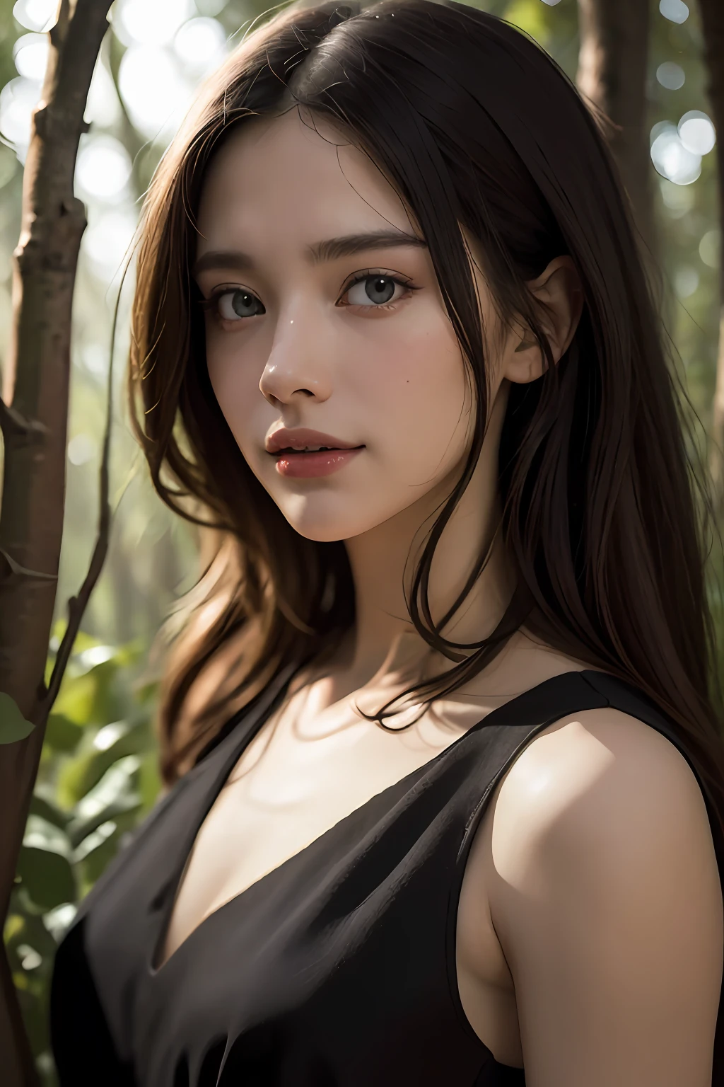 Chiaroscuro, Cinematic lighting, A high resolution, Best quality, 4K, High quality, High details, Super detail, Masterpiece,black color dress,tall nose bridge,Kizi,Messy beauty,forest backgrou,Dingdall effect,sun light,ssmile,adolable