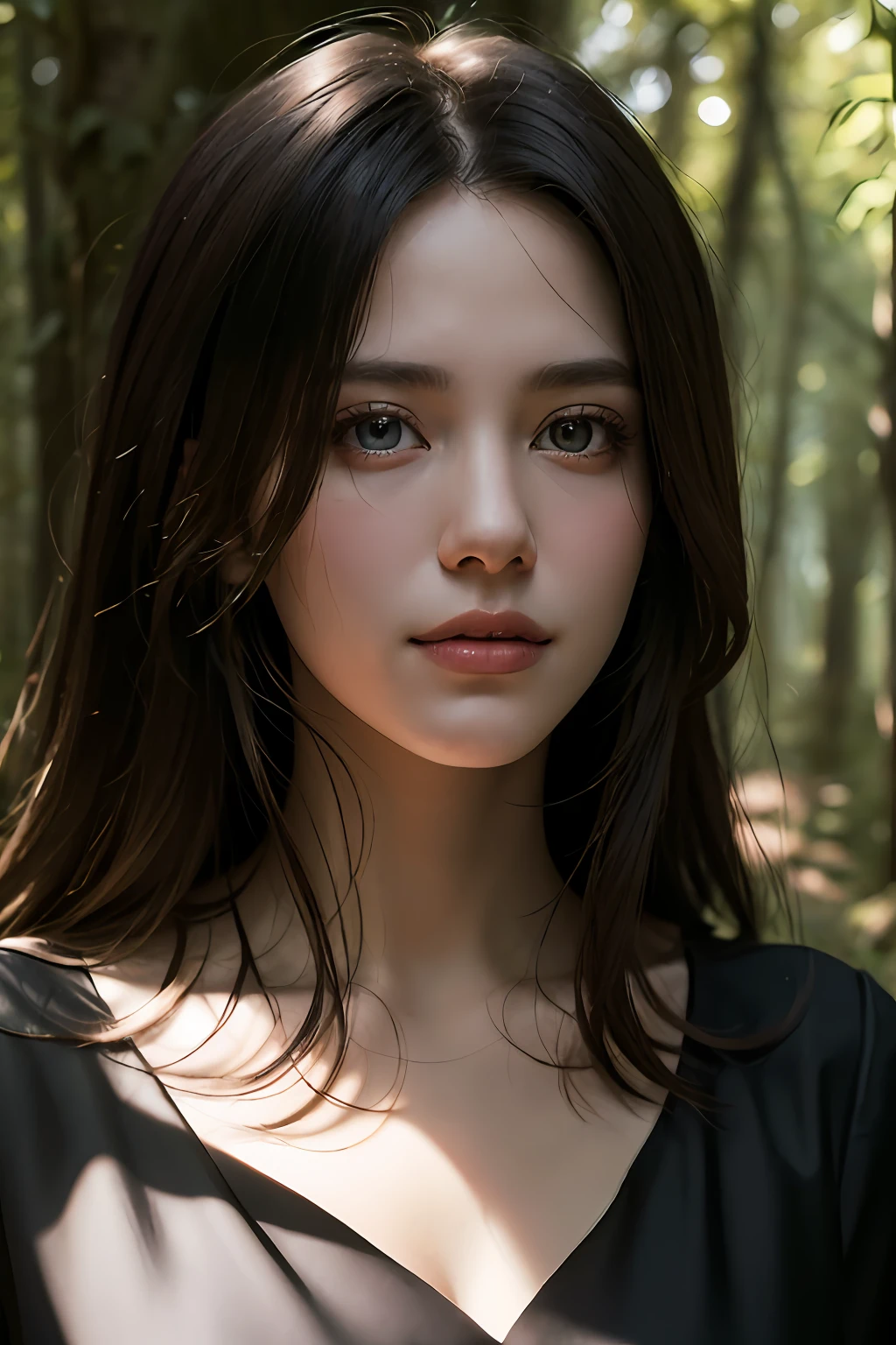 Chiaroscuro, Cinematic lighting, A high resolution, Best quality, 4K, High quality, High details, Super detail, Masterpiece,black color dress,tall nose bridge,Kizi,Messy beauty,forest backgrou,Dingdall effect,sun light,ssmile,adolable