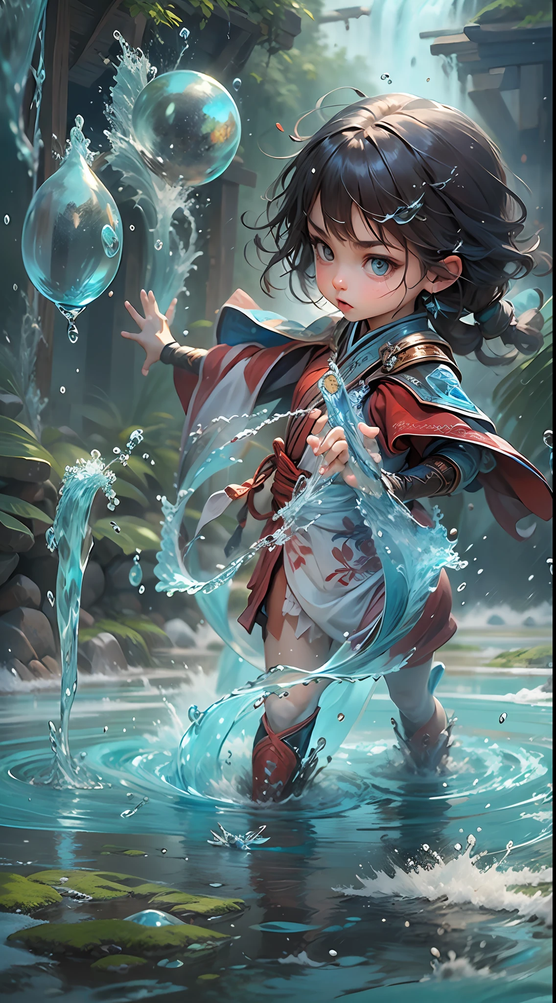 3 years old（Red robe：1.4）Little baby girl standing in front of a transparent blue water balloon，Countless streams of water converge on the water balloon，crystal-clear，Eau，water flowing，drippy，Around the girl，Combines the power of water and ice elements，Create powerful ice storms，Freeze surrounding enemies and deal extensive freeze damage，high qulity，8K分辨率，tmasterpiece，Works of masters，super-fine，Water depicts details，复杂