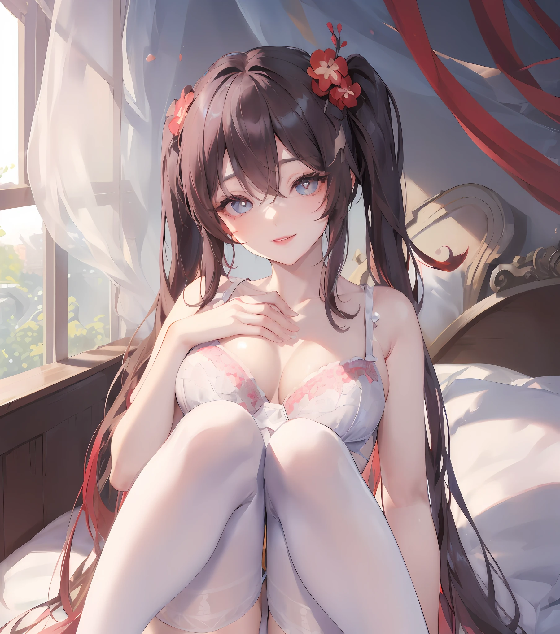 official art, masterpiece, sharp focus, (beautiful gorgeous cute Korean woman:1.3), (beautiful cute korean:1.3), korean beauty, Delicate and beautiful hair and eyes and face, realistic, ultra detailed, beautiful girl, blue sky, glow white particle, (sidelighting:1.2), sun light, white cloud, detailed clouds, slender, Lovely very large breasts and very large hips, smile with teeth, ((smile with eyes, open both eyes)), scenery, long straight hair, sexy facial expression, building, (cityscape:1.7), dynamic hair, long straight hair, detailed platinum pink hair, glow blue eyes, (blue pleated shirts + white skirt), white long socks, pale skin, hair ornament, epic scenery,