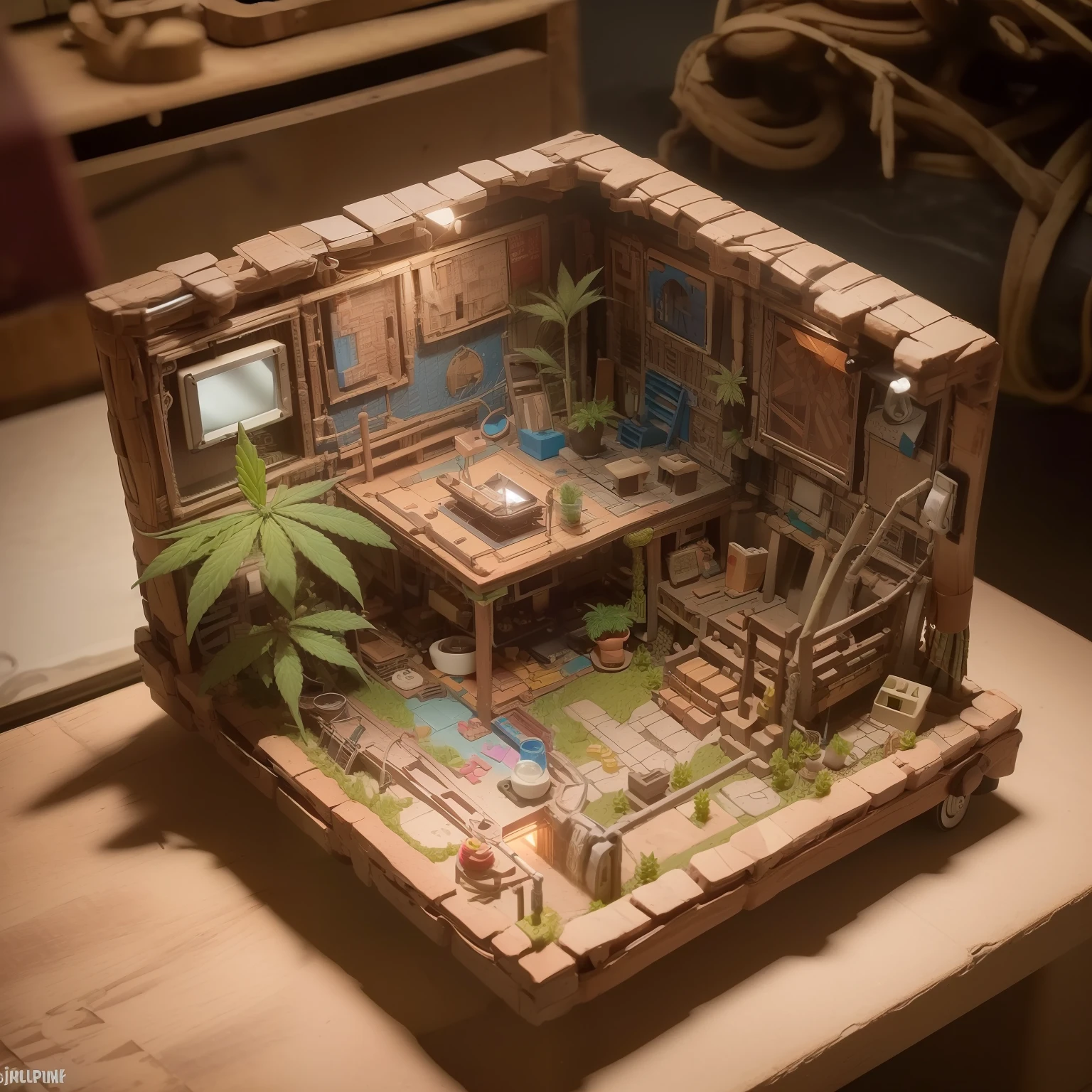 mini\(ttp\), (8k, RAW photo, best quality, masterpiece:1.4),(javapunk:1.5),Lots of connecting pipes,(balipunk:1.5),(cannabispunk light:1.2),on desk,in a miniature box,isometric, miniature, landscape on foundation