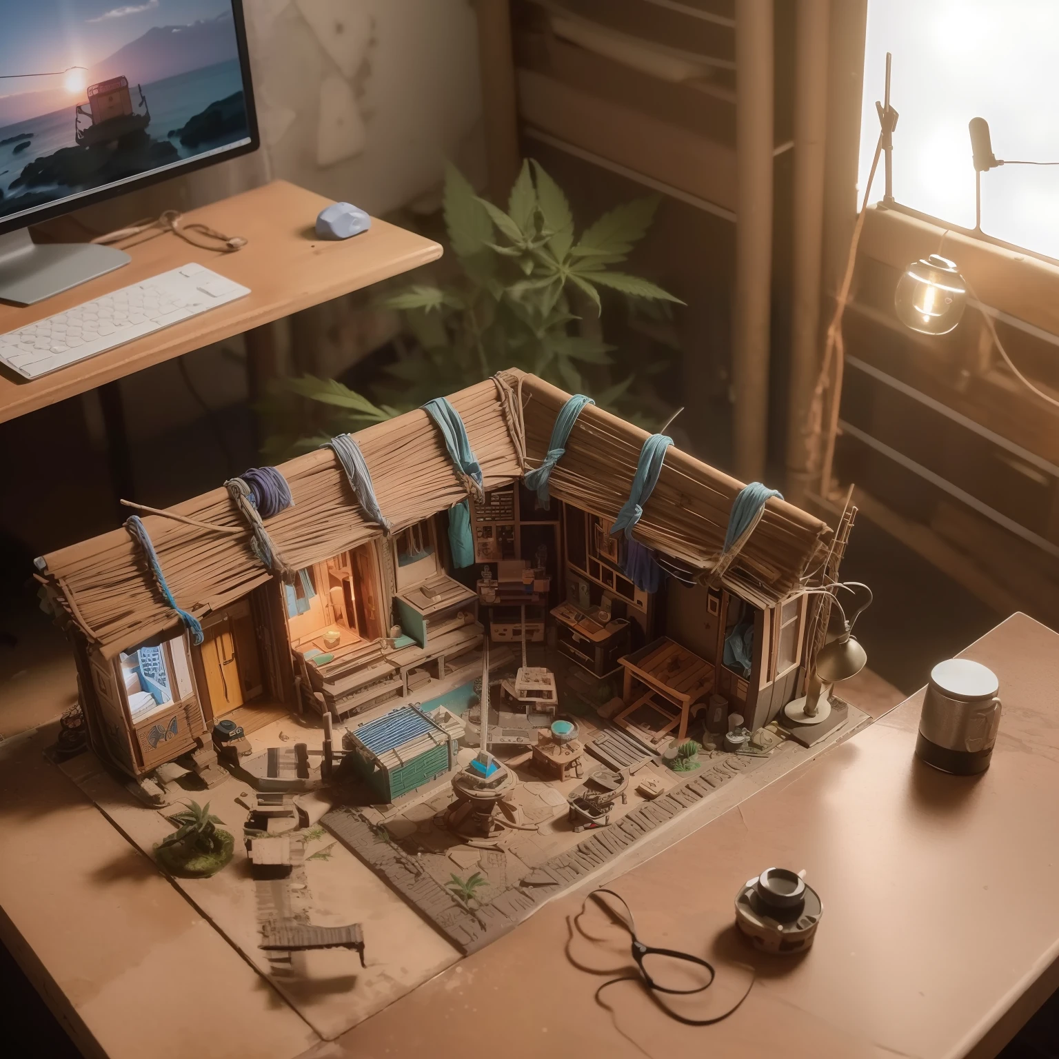 mini\(ttp\), (8k, RAW photo, best quality, masterpiece:1.4),(javapunk:1.5),Lots of connecting pipes,(balipunk:1.5),(cannabispunk light:1.2),on desk,in a miniature box,isometric, miniature, landscape on foundation