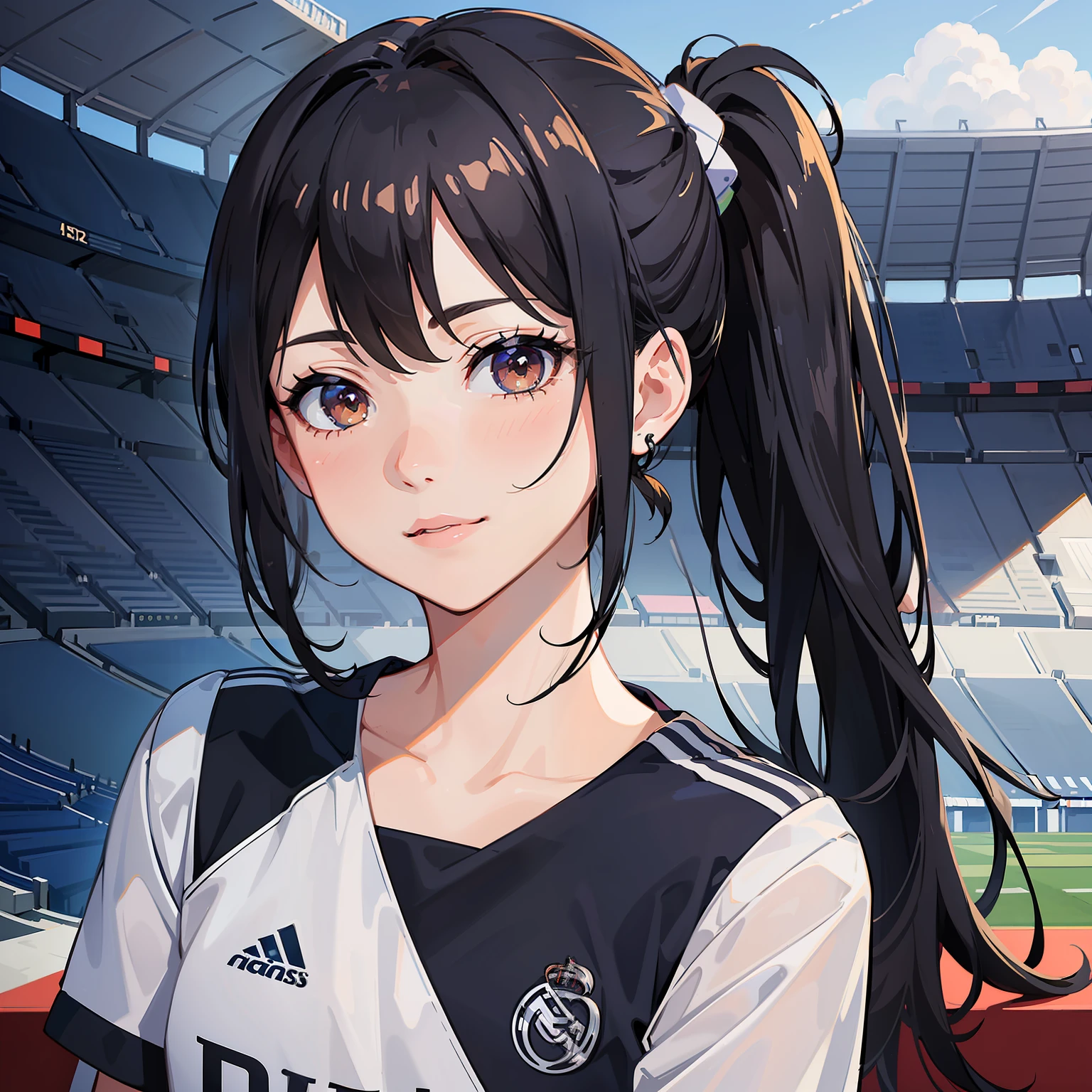 Masterpiece, hd quality, high resolution, realistic, half body portrait, (1girl), black hair and eye, ponytail, smile, closed mouth, nice nose, sit, using real Madrid jersey, looking at viewers, stadium background