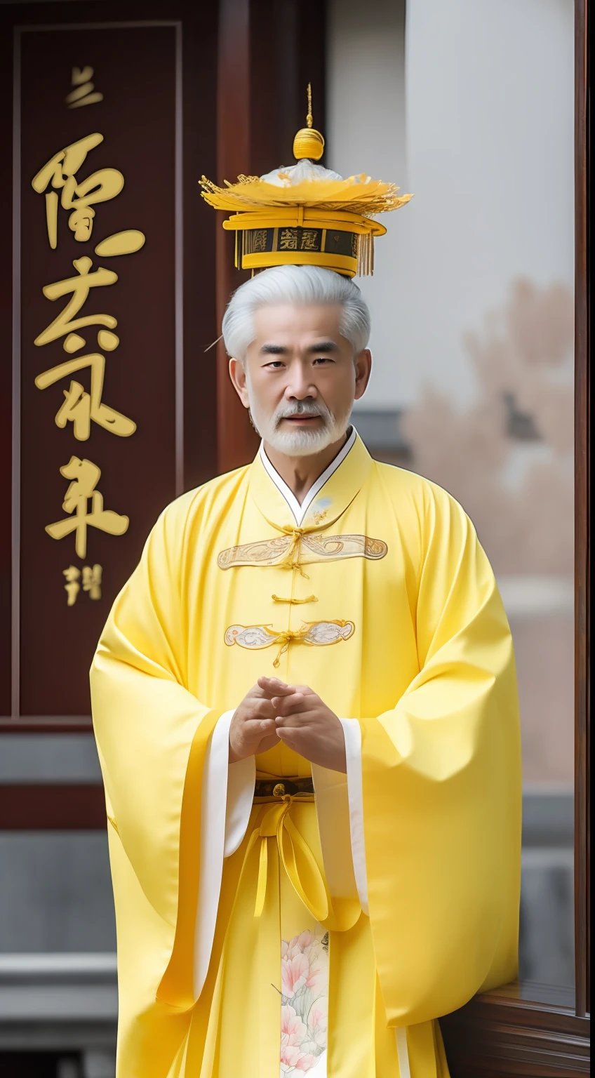 Masterpiece, Highest quality, (solofocus),, (High detail: 1.1),dojo，Yellow robe， Man, chinese crown, 1人,and white hair,超高分辨率 , Detailed background, realisticlying, wearing a detailed and intricate xianxia antique outfit