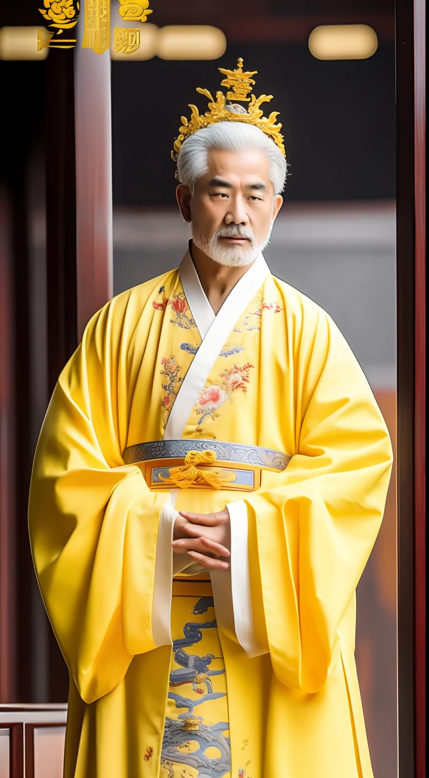 Masterpiece, Highest quality, (solofocus),, (High detail: 1.1),dojo,Yellow robe, Man, chinese crown, 1人,and white hair,超高分辨率 , Detailed background, realisticlying, wearing a detailed and intricate xianxia antique outfit