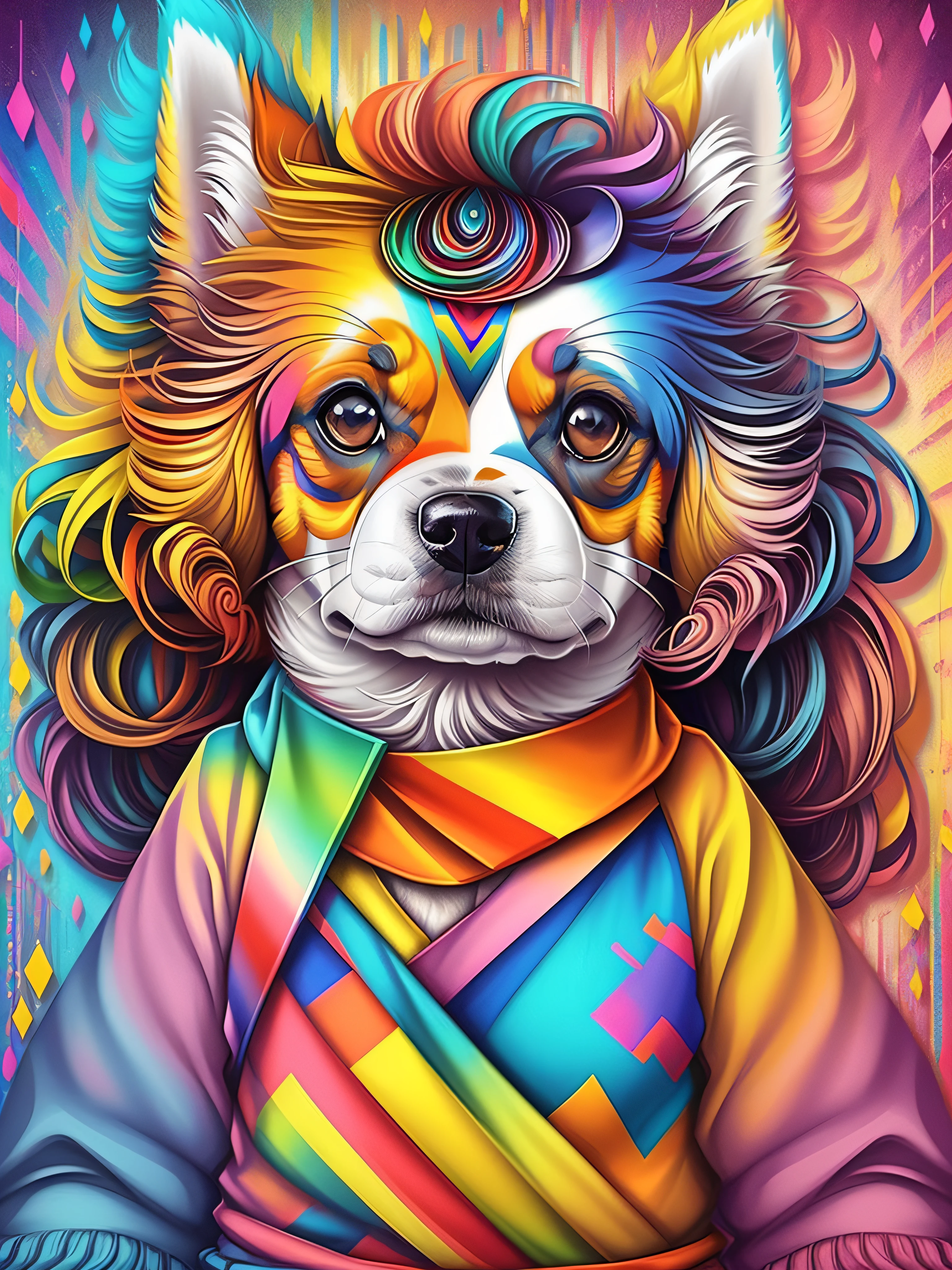 (cute dog (Pithecophaga jefferyi)), Eduardo Kobra acolchoamento ,multidimensional geometric PORTRAIT wall, arte, chibi, yang016k, lindo, colorido, obras-primas, qualidade superior, melhor qualidade, arte oficial, beautiful and aesthetic,