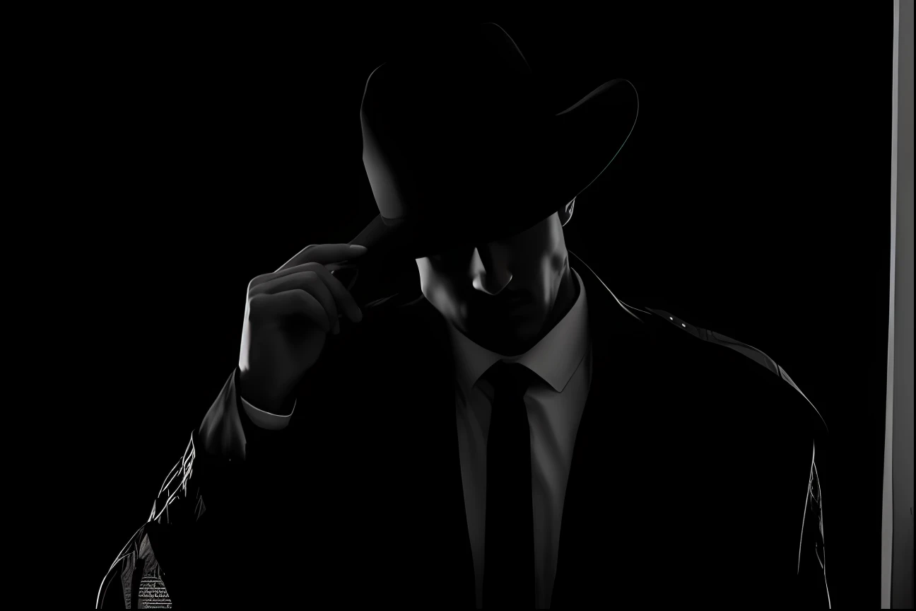 Man in suit and hat in the dark, Detetive Noir e um Fedora, Homem misterioso, informante sombrio, detetive noir, Estilo filme noir, film noir lighting, dark hat, a suited man in a hat, filme noir corajoso, Stetson preto e casaco, of an enigmatic mysterious man, Neo - Estilo Preto, thriller policial