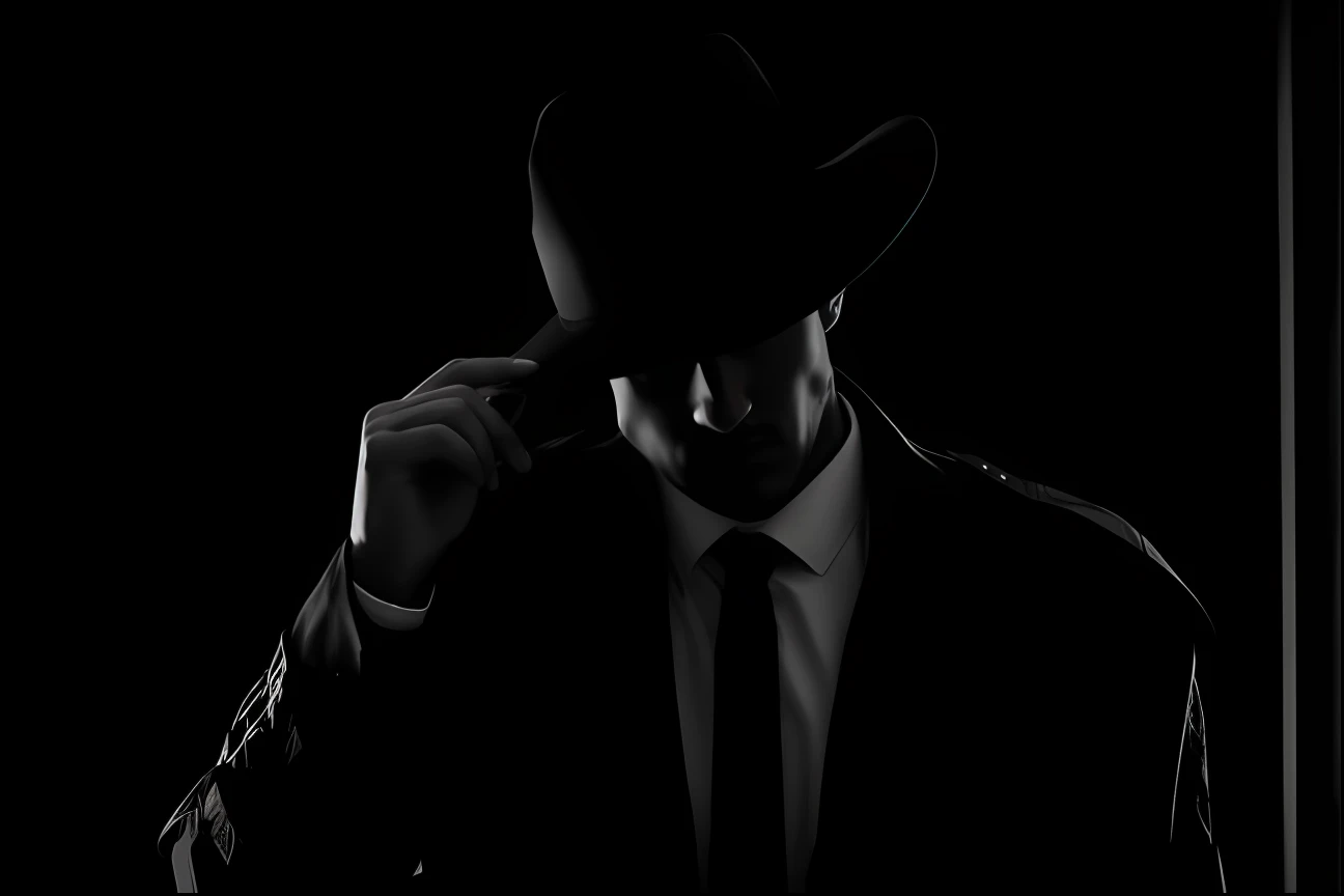 Man in suit and hat in the dark, Detetive Noir e um Fedora, Homem misterioso, informante sombrio, detetive noir, Estilo filme noir, film noir lighting, dark hat, a suited man in a hat, filme noir corajoso, Stetson preto e casaco, of an enigmatic mysterious man, Neo - Estilo Preto, thriller policial