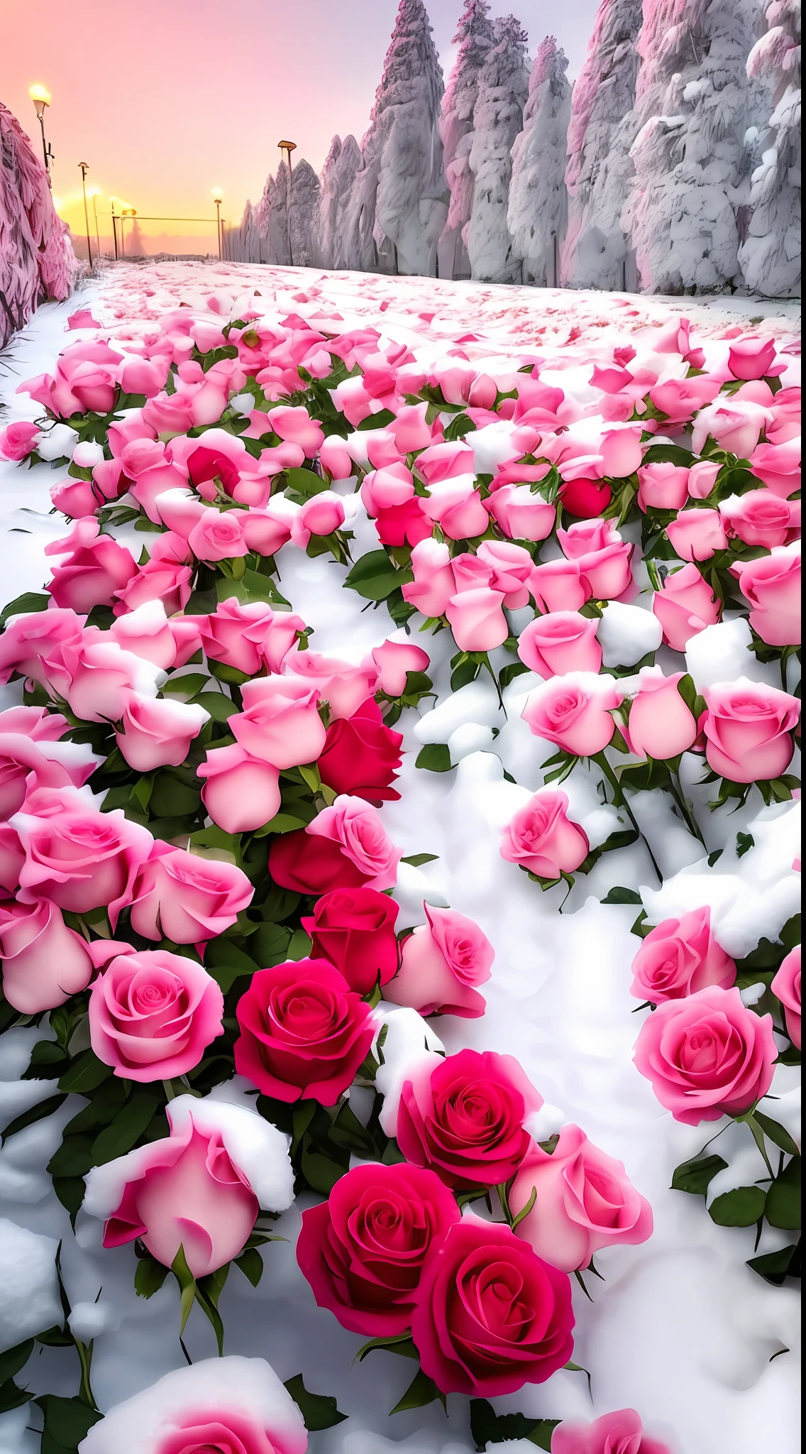 There are a lot of pink roses in the snow on the ground, pink and red colors, rosette, a few roses, with frozen flowers around her, rosses, red roses at the top, Rose garden, laying on roses, with snow covered colourful red, shades of pink, Rose, beautiful aesthetic, rose background, Rose background