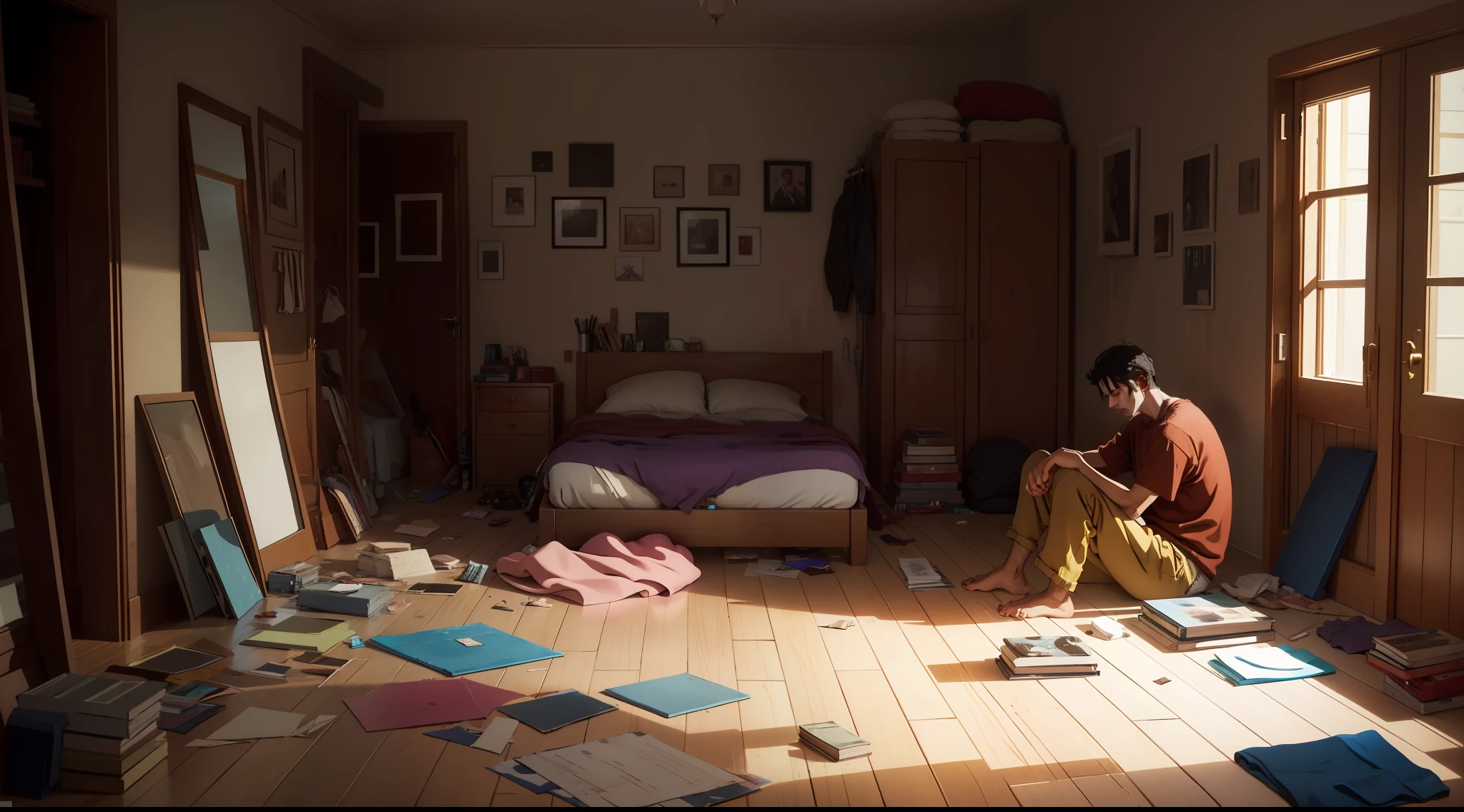 The floor of the room was cluttered
All sorts of things fell to the ground
The man sits on the bed，Very tired state