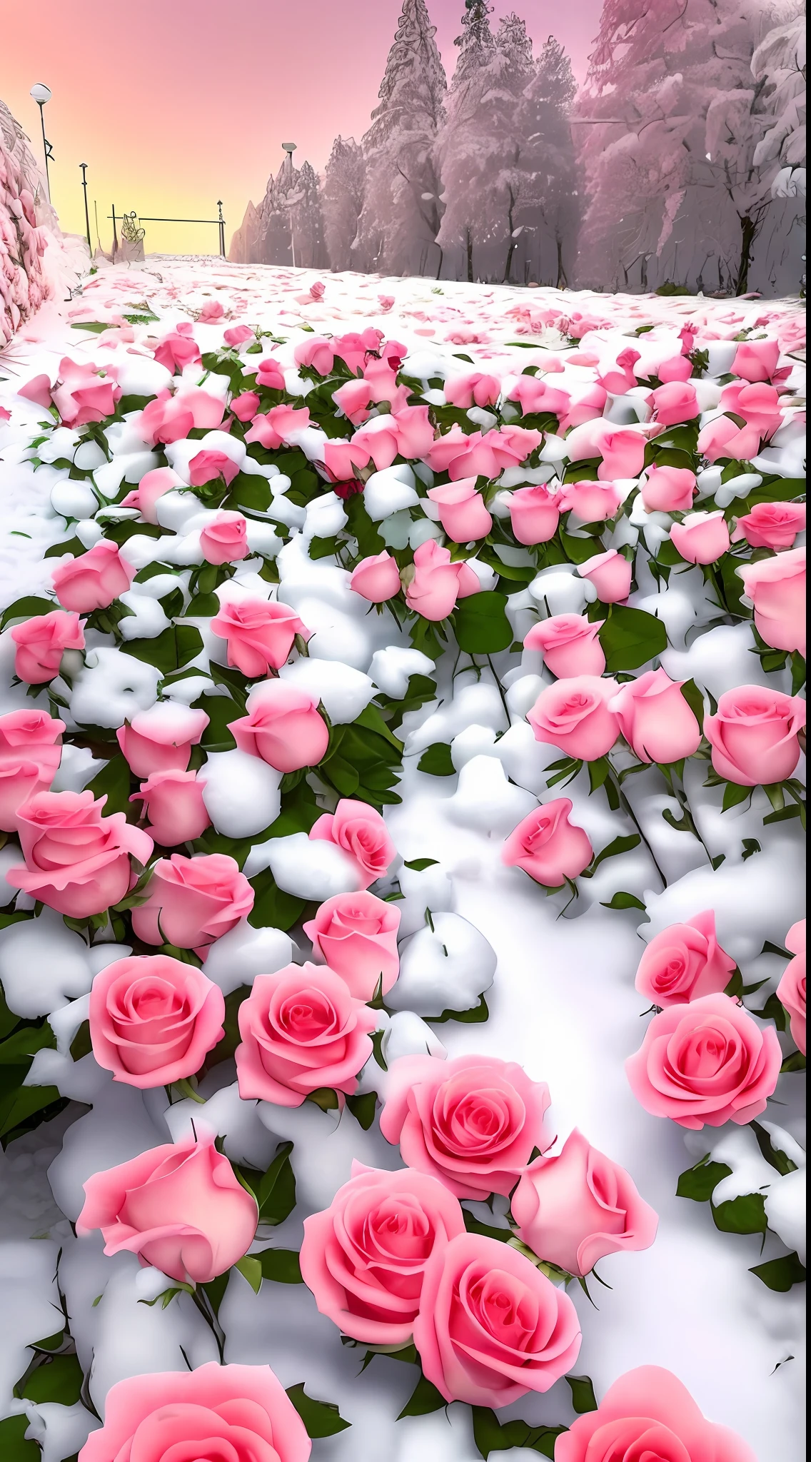 There are a lot of pink roses in the snow on the ground, pink and red colors, rosette, a few roses, with frozen flowers around her, rosses, red roses at the top, Rose garden, laying on roses, with snow covered colourful red, shades of pink, Rose, beautiful aesthetic, rose background, Rose background