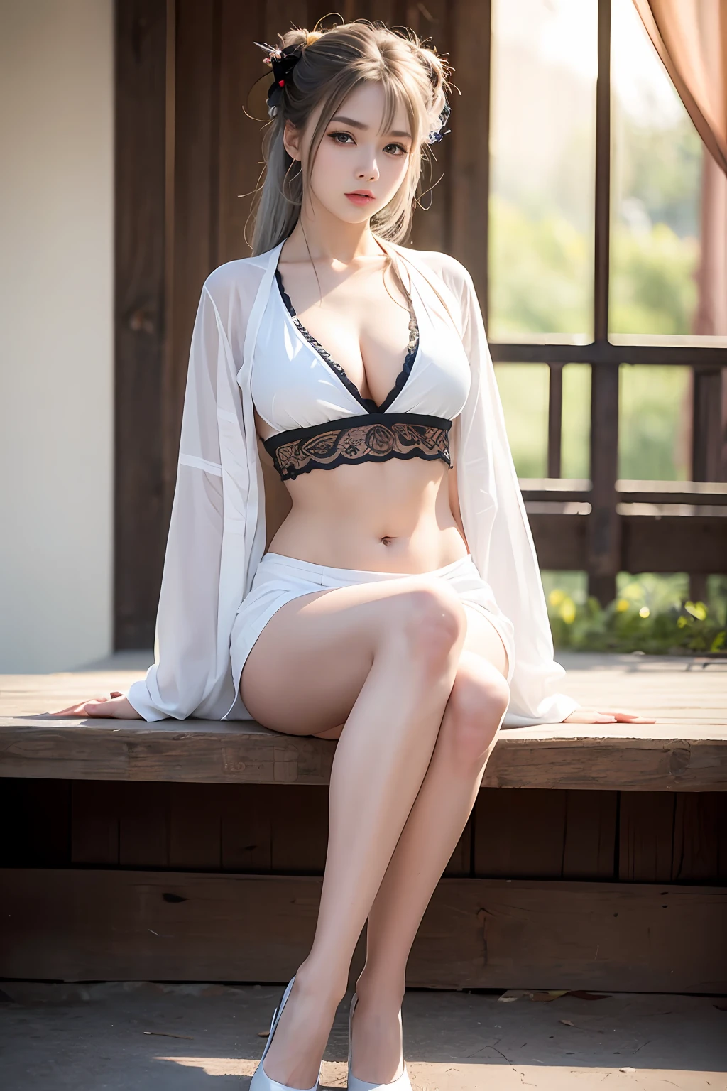 ulzzang-6500-v1.1, (raw photo:1.2),((photorealistic:1.4))best quality, masterpiece, cross legs, seductive, illustration, an extremely decision and beautiful, extremely detailed, CG, unity,8k wallpaper, bare legs, split skirt, cleavage display, flat belly display, Amazing, finely detail, masterpiece, best quality, official art, very detailed CG unified 8k wallpaper, ridiculous, incredibly ridiculous, huge file size, super detailed, high resolution, young, beautiful face, detailed face, white skin,very detailed, beautiful detailed girl, very detailed eyes, beautiful detailed eyes, light on face, movie lights, ((sexy hanfu)), 1girl, full body, full body photo, see-through, looking at the audience, ((gray hair)), realistic breasts,