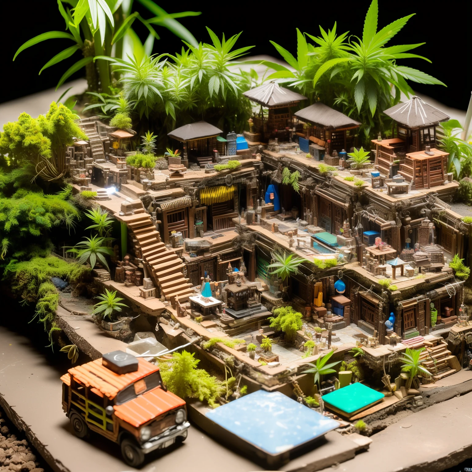 mini\(ttp\), (8k, RAW photo, best quality, masterpiece:1.4),(javapunk:1.5),Lots of connecting pipes,(balipunk:1.5),(cannabispunk light:1.2),on desk,in a miniature box,isometric, miniature, landscape on foundation
