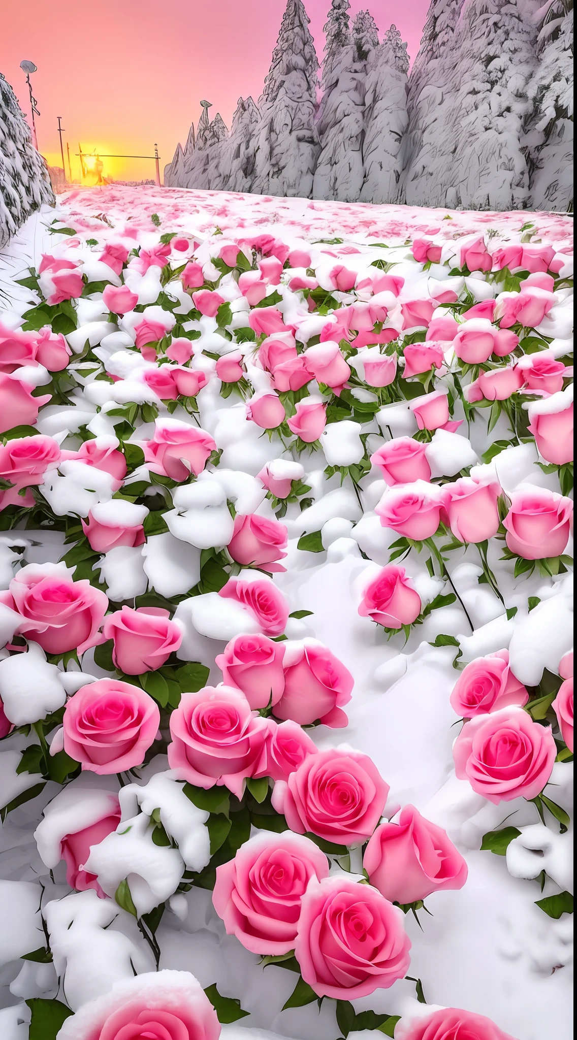 There are a lot of pink roses in the snow on the ground, pink and red colors, rosette, a few roses, with frozen flowers around her, rosses, red roses at the top, Rose garden, laying on roses, with snow covered colourful red, shades of pink, Rose, beautiful aesthetic, rose background, Rose background