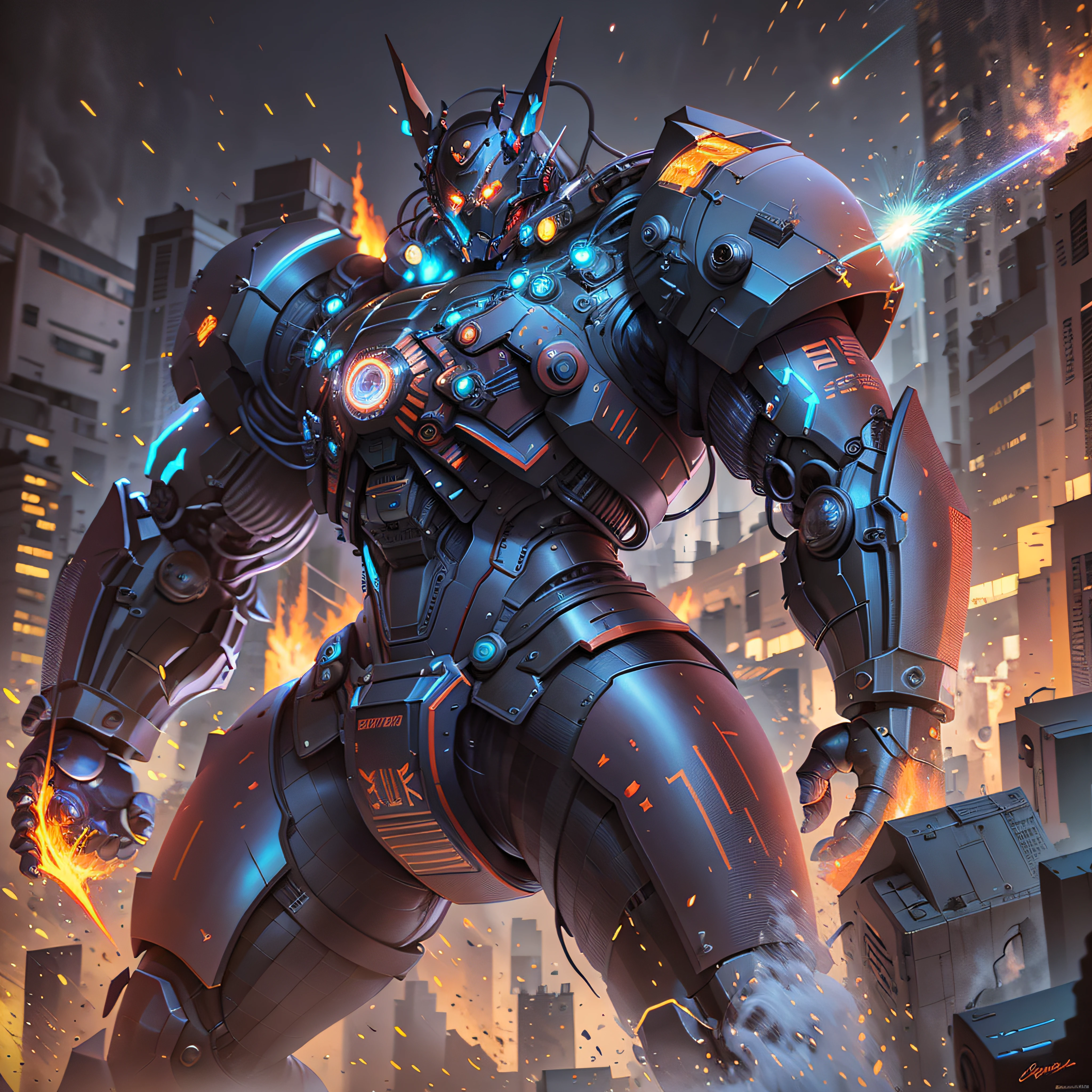 An incredible color aerial view daguerrotype of realistic looking Mazinger Z. a towering giant robot, standing at 20 meters tall. It boasts a powerful and robust frame, adorned with vibrant red and blue colors. Its head features a horn-like crest and glowing eyes. With rocket-powered fists and energy-based laser cannons, it's a formidable force. Dynamic visual effects, like flames and sparks, highlight its immense power. It represents strength, courage, and unwavering determination in the face of adversity. He is fighting against a Kaiju, a horrid intergalactic outer space foul ogre in the middle of Tokio, Japan, in 1973. You can see the perfect details in his body made of a rare metal alloy. Encaustic