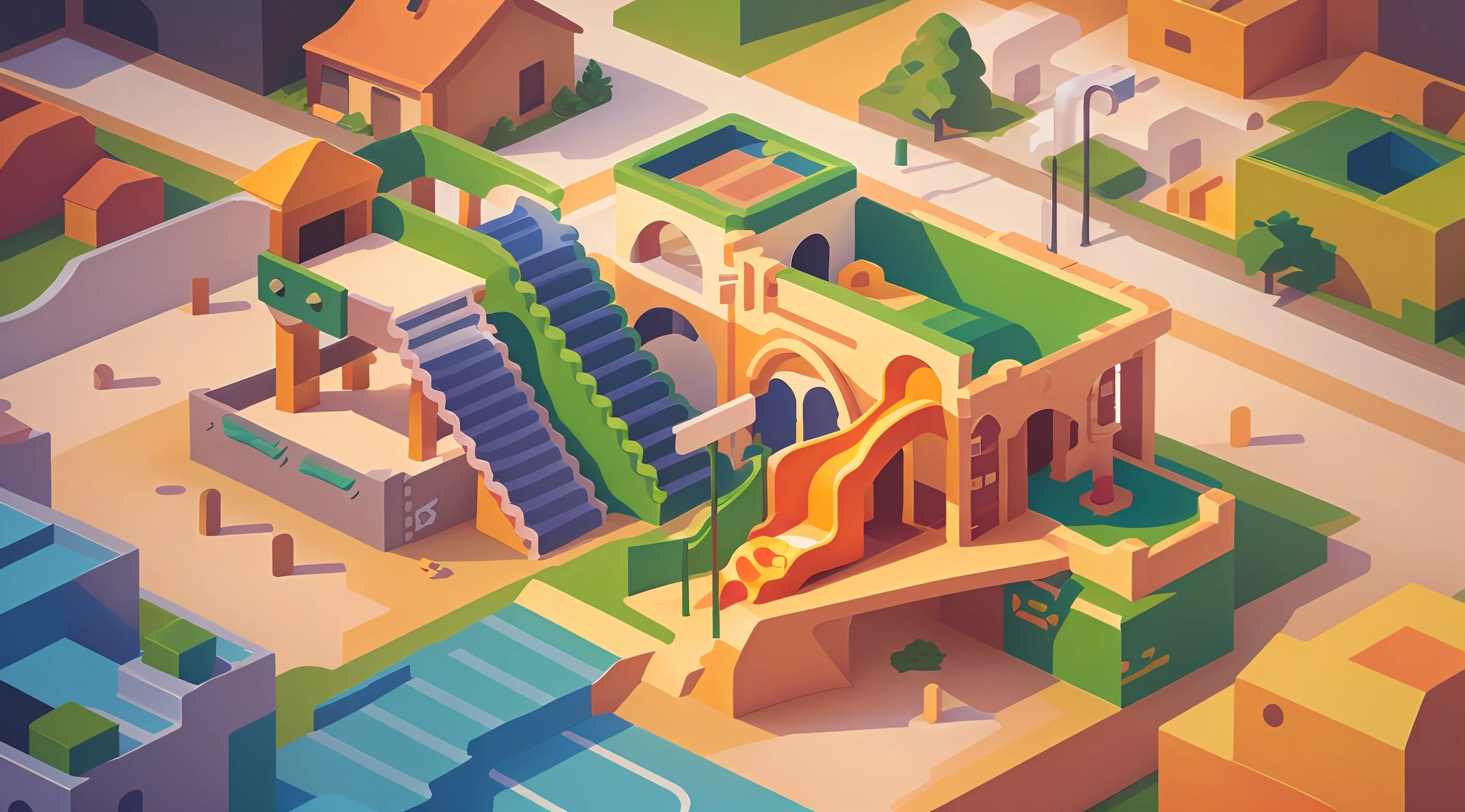 green color,arafed image of a playground with a slide and a playground, isometric illustration fun, Isometric art, isometric 8k, isometric illustration, isometric game, incredible isometric screenshot, complex 3d scene, 3d isometric, 3 d isometric, Detailed 2D illustration, prerendered isometric graphics, Isometric 3D