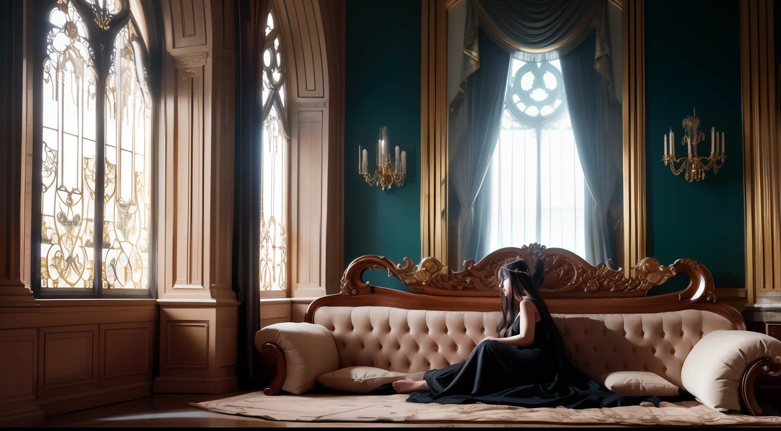 Full body female, long hair, laying in the long couch, black sexy gown with gold accessories, kingdom room, large window behind, looking at the window, bloody floor, Portrait from distance view