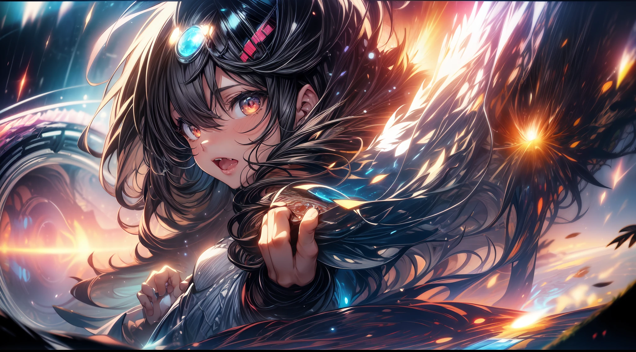 (masterpiece:1.2),extremely detailed CG unity 8k wallpaper,Amazing,1girl,solo,muscular,physique,curvy,black hair,short hair,red eyes,open mouth,fang out,full body,fighting stance,black dress,cloak,intense gaze,beautiful detailed eyes,disheveled hair,hairs between eyes,Fighting stance,light shafts,soft focus,character focus,BRAKE,(yin and yang:1.2),(magicl effect,magic circle,radical geometry resembling,branching of capillaries:1.2),fractal,ultra-detailed,(black hole:1.4),(vortex:1.2),(king of darkness:1.2),dynamic angle,shine,extremely delicate and beautiful girls,bright skin,best illustration,best shadow,finely detail,Depth of field ,(colorful painting,{very delicate light,perfect and delicate limbs},beautiful detailed dress,Flying particle,glow
