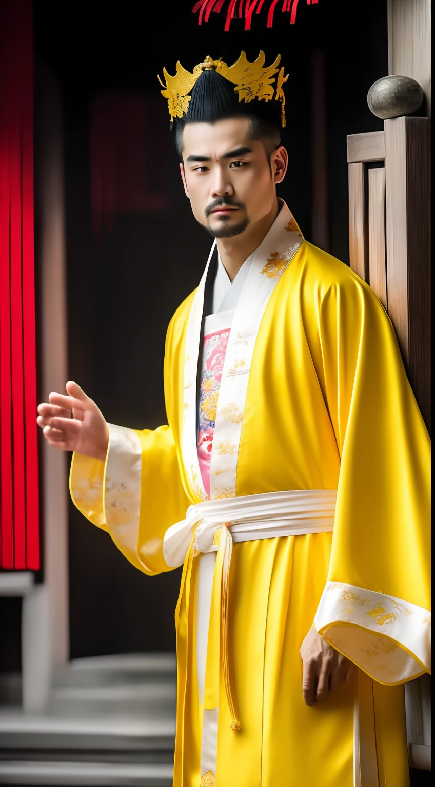 Masterpiece, Highest quality, (solofocus),, (High detail: 1.1),dojo,Yellow robe, Man, chinese crown, 1人,and white hair,超高分辨率 , Detailed background, realisticlying, wearing a detailed and intricate xianxia antique outfit