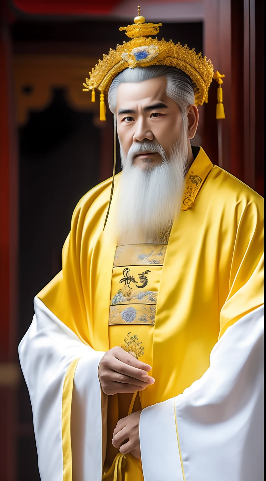 Masterpiece, Highest quality, (solofocus),, (High detail: 1.1),dojo,Yellow robe, Man, chinese crown, 1人,and white hair,超高分辨率 , Detailed background, realisticlying, wearing a detailed and intricate xianxia antique outfit