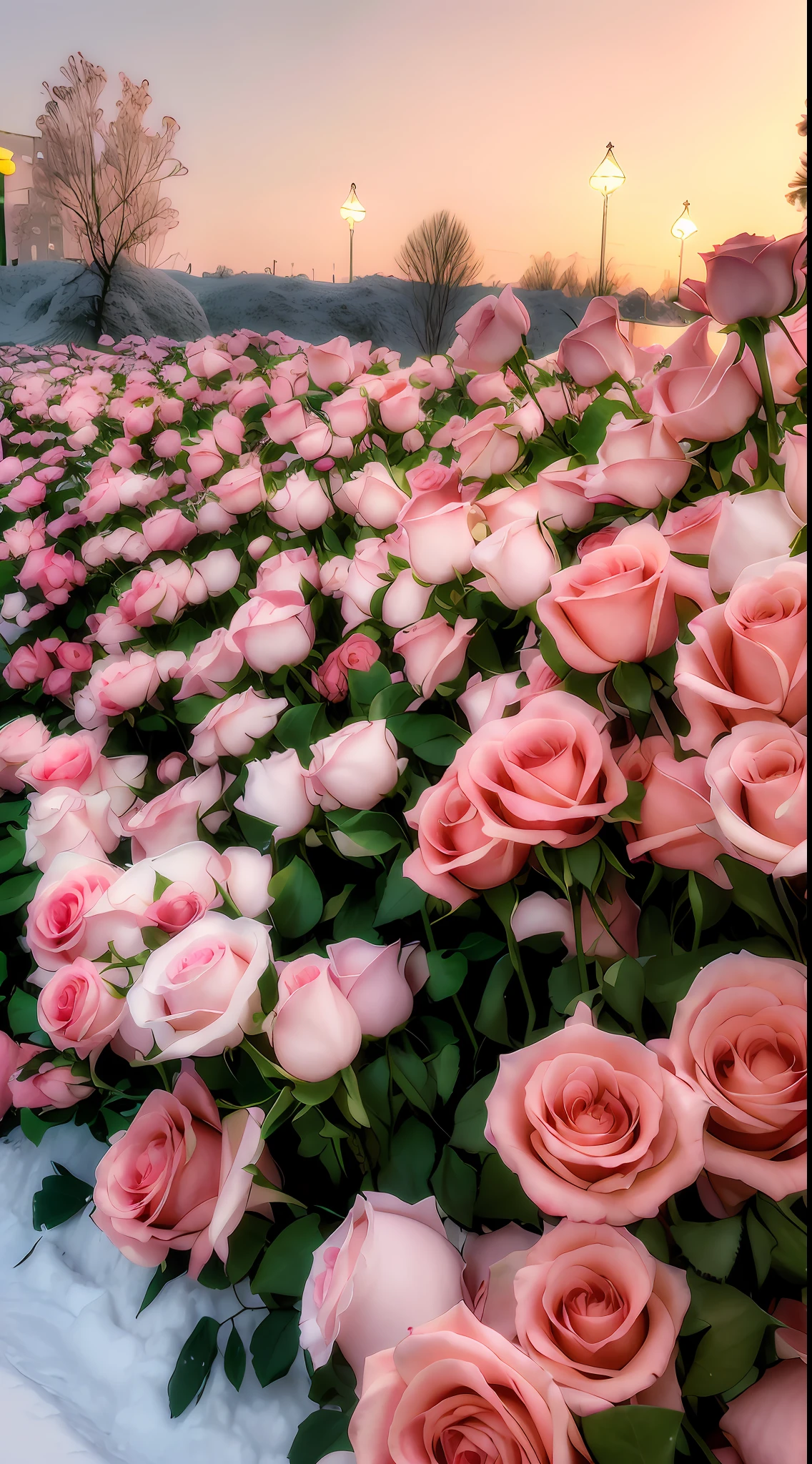 There are a lot of pink roses in the snow, rosette, rosses, pink and red colors, a few roses, Rose garden, white and red roses, shades of pink, an aesthetic field of flowers, laying on roses, Rose tones, rose background, Beautiful flowers, red roses at the top, beautiful flowers growing, more and more flowers