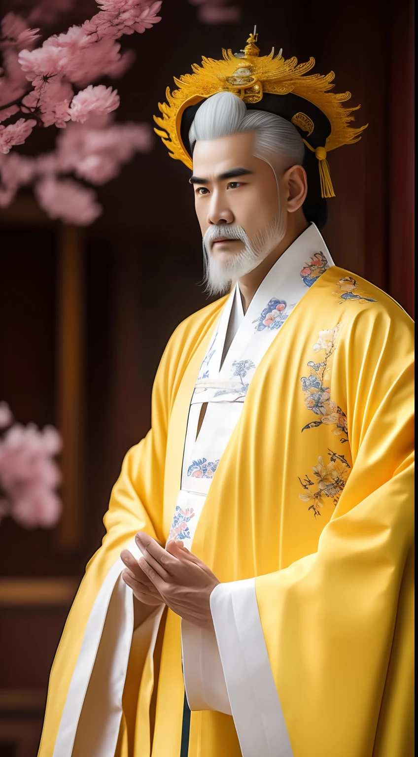 Masterpiece, Highest quality, (solofocus),, (High detail: 1.1),dojo，Yellow robe， Man, chinese crown, 1人,and white hair,超高分辨率 , Detailed background, realisticlying, wearing a detailed and intricate xianxia antique outfit