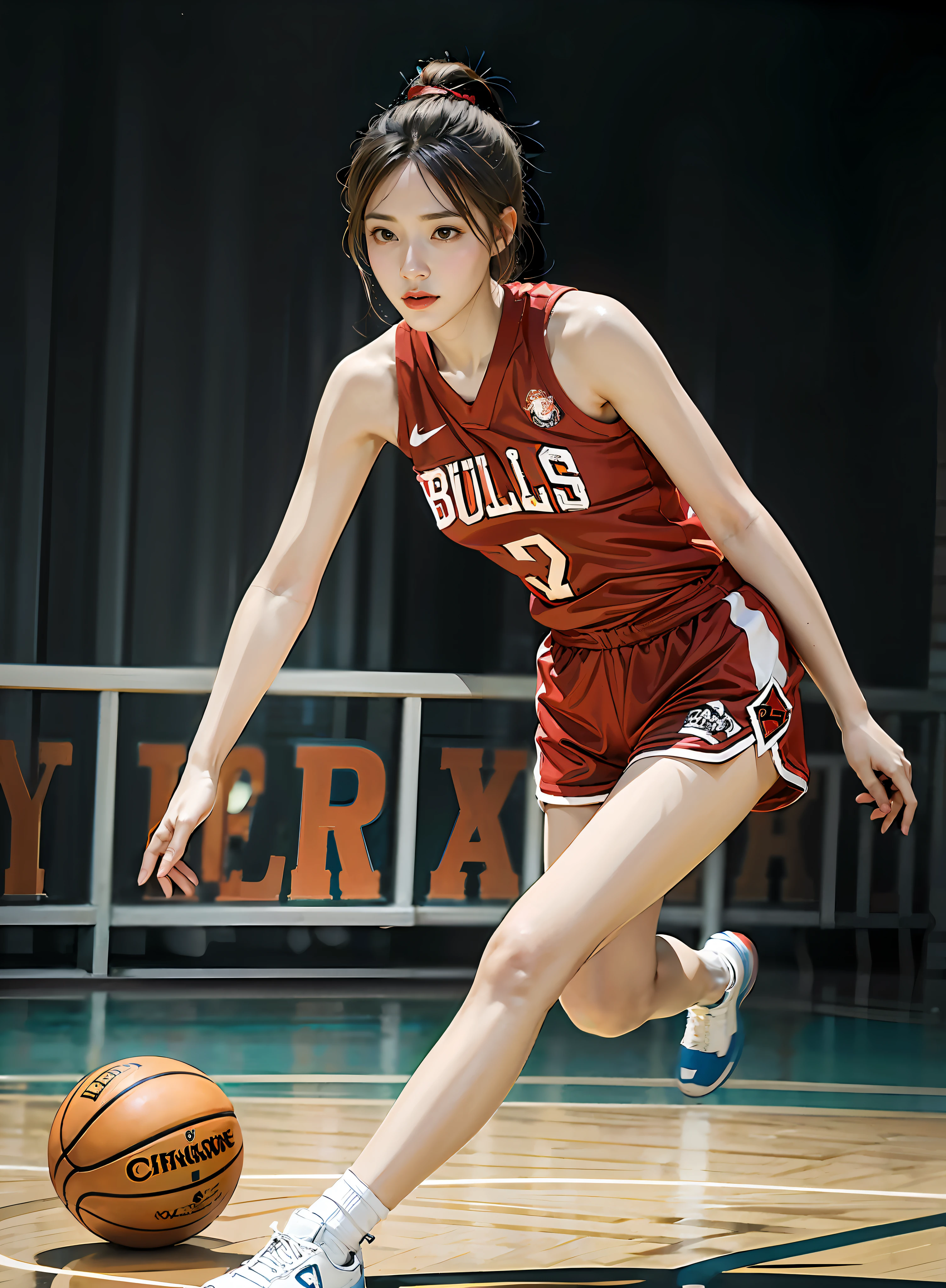 Allafard women's basketball player dribbling on the court, full-body xianxia, shot on canon eos r 5, shot on a Canon EOS R5, shot on nikon z9, shot with canon eoa 6 d mark ii, shot with sony alpha 1 camera, Shot on Canon EOS R 6, Shot on Sony A 7 III, wearing basketball jersey