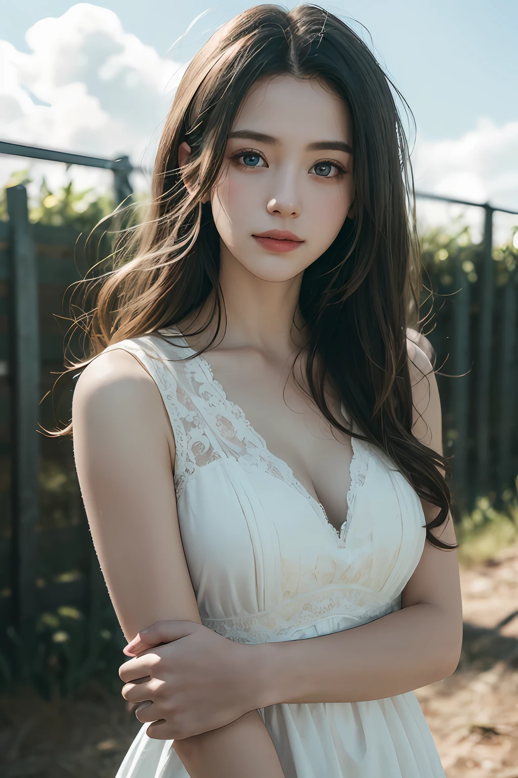 Chiaroscuro, Cinematic lighting, A high resolution, Best quality, 4K, High quality, High details, Super detail, Masterpiece,white dresses,tall nose bridge,Kizi,Messy beauty,Tano,with blue sky and white clouds,Dingdall effect,sun light,ssmile,adolable,hands behind body