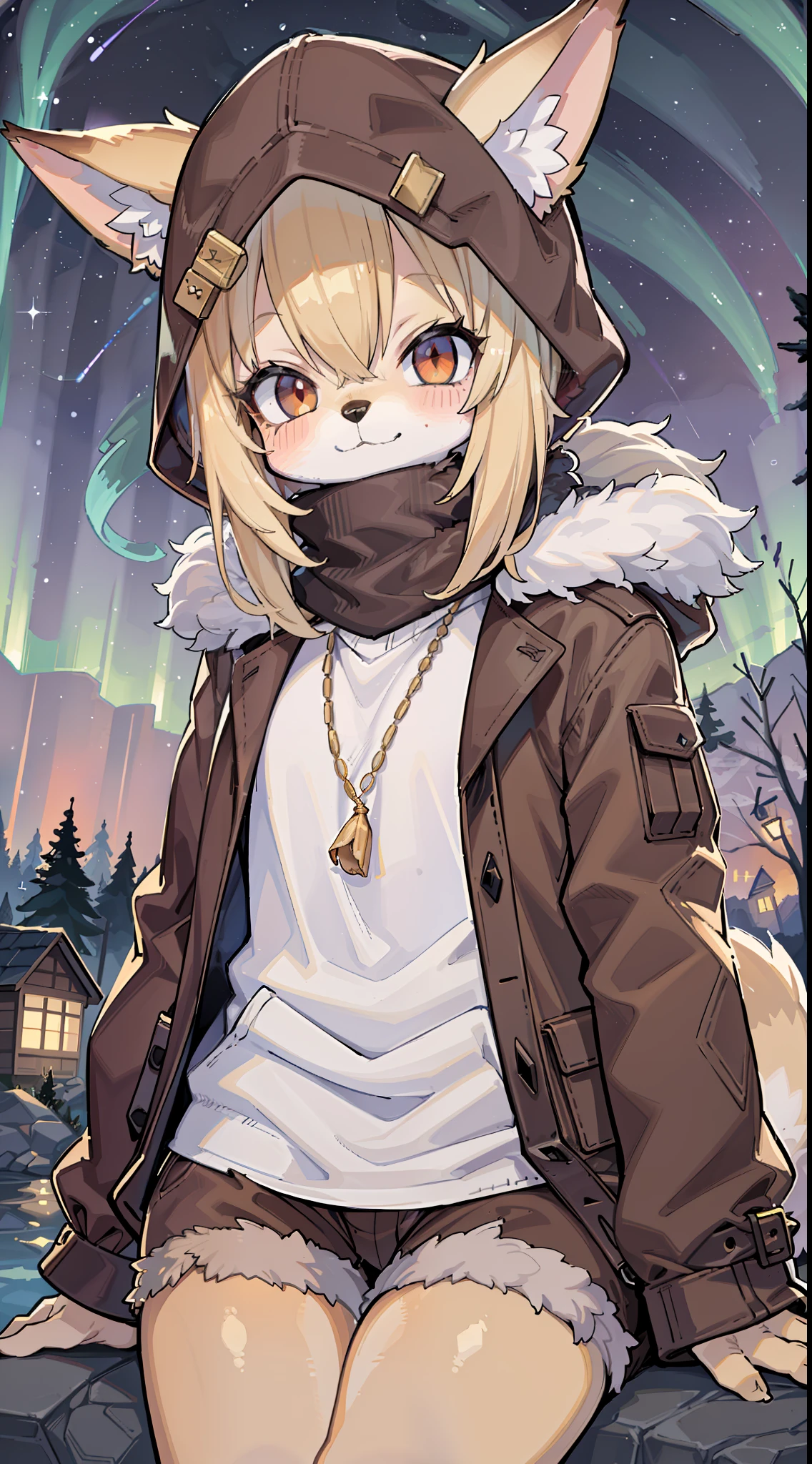 Shota the fox,hairy pubic,shaggy,Skin fur,Golden fur,Golden yellow face fur,Short straight blonde hair,Eyes have light,Red eyes,Brown elements on fur,Brown coat brown hood up,White top,brown shorts,Beautiful lights and shadows,Ambient light,Ultra-fine fur,volumettic light,natural lightting,fox tails,Fluffy tail,No Man, Lake, dark scenery, rain,Night,starrysky,Vast landscape,crossed bangs, Hairline, Shiny hair, lone nape hair, ,The smiley face has a faint blush, smiley,Sleepy,(Oversized Full Moon:1.2),(meteors:0.9),(Starcloud:1.3)(Warm light source:1.2),aurora,nevando,snowfield, Extra-long sleeves, Purple and orange,Complicated details,Volumetriclighting,Realist breakthrough(tmasterpiece:1.2)(best qualtiy),4K,Ultra-delicate,(Dynamic configuration:1.4),Highly detailed and colorful details,(Irridescent color :1.2),(luminouslighting,Atmospheric lighting),dream magical,magic,(独奏:1.2)Glowing light,Light blush, ,Single