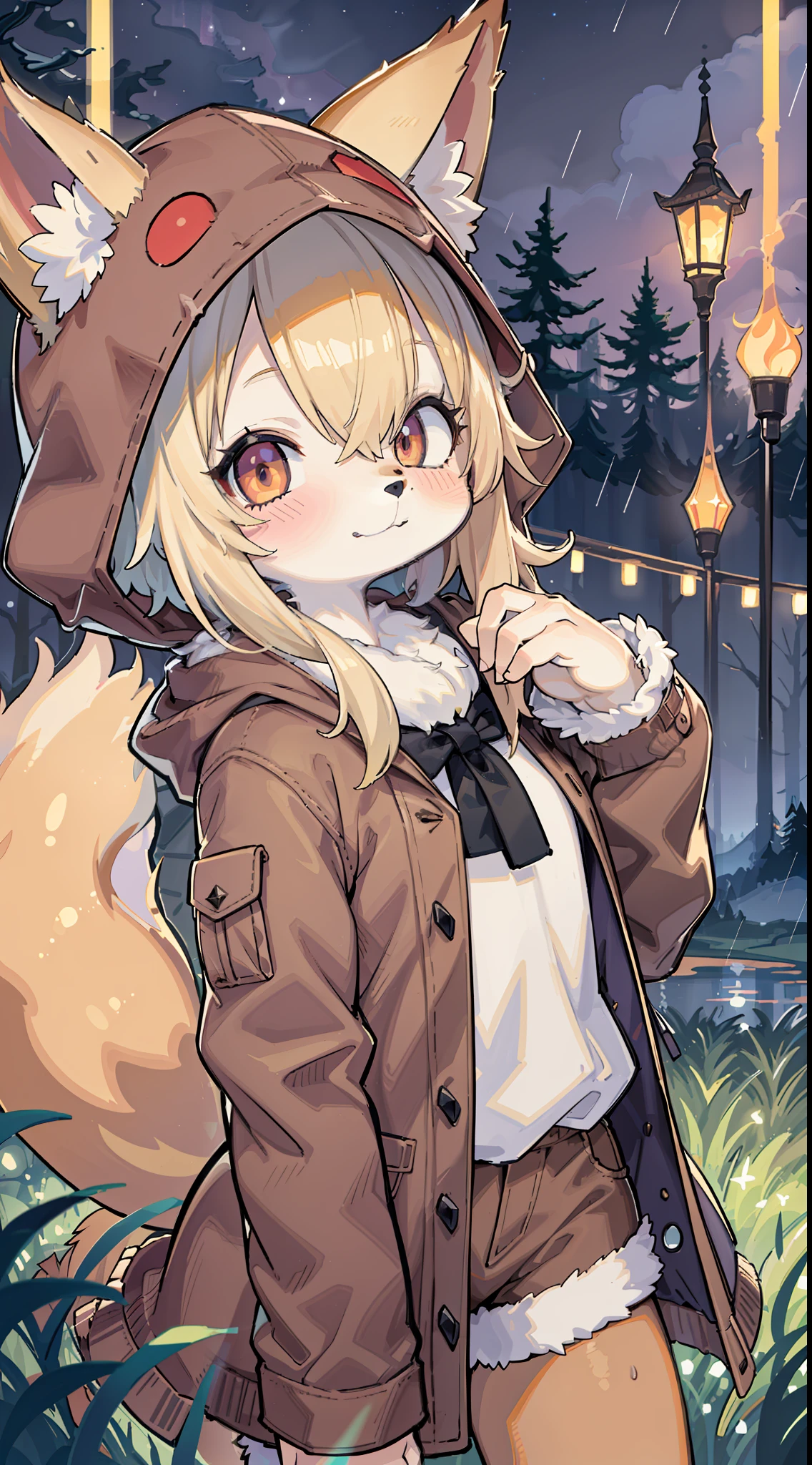 Shota the fox，hairy pubic，shaggy，Skin fur，Golden fur，Golden yellow face fur,Short straight blonde hair，Eyes have light，Red eyes，Brown elements on fur，Brown coat brown hood up，White top，brown shorts，Beautiful lights and shadows，Ambient light，Ultra-fine fur，volumettic light,natural  lightting，fox tails，Fluffy tail，No Man, Lake, dark scenery, rain，Night，starrysky，Vast landscape，crossed bangs, Hairline, Shiny hair, lone nape hair, ，The smiley face has a faint blush, smiley，Sleepy，（Oversized Full Moon：1.2），（meteors：0.9），（Starcloud：1.3）（Warm light source：1.2），aurora，nevando，snowfield, Extra-long sleeves， Purple and orange，Complicated details，Volumetriclighting，Realist breakthrough（tmasterpiece：1.2）（best qualtiy），4K，Ultra-delicate，（Dynamic configuration：1.4），Highly detailed and colorful details，（Irridescent color ：1.2），（luminouslighting，Atmospheric lighting），dream magical，magic，（独奏：1.2）Glowing light,Light blush, ，Single