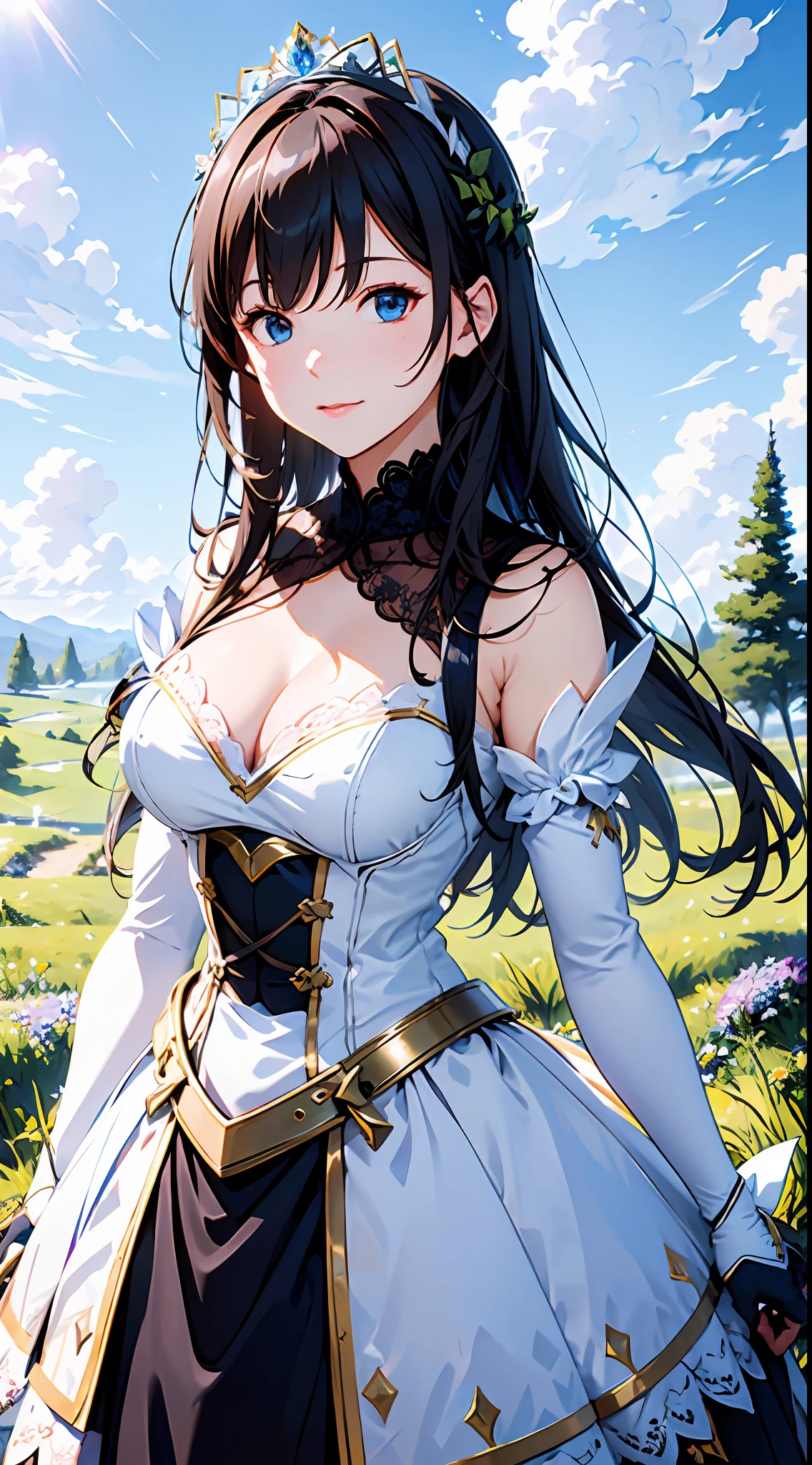 Blue sky and clouds in background, wears a white dress，Purple lace，White lace gloves，There are flowers on it, Art germ, Rosla global lighting, a detailed painting, Fantasy art,Lace gloves