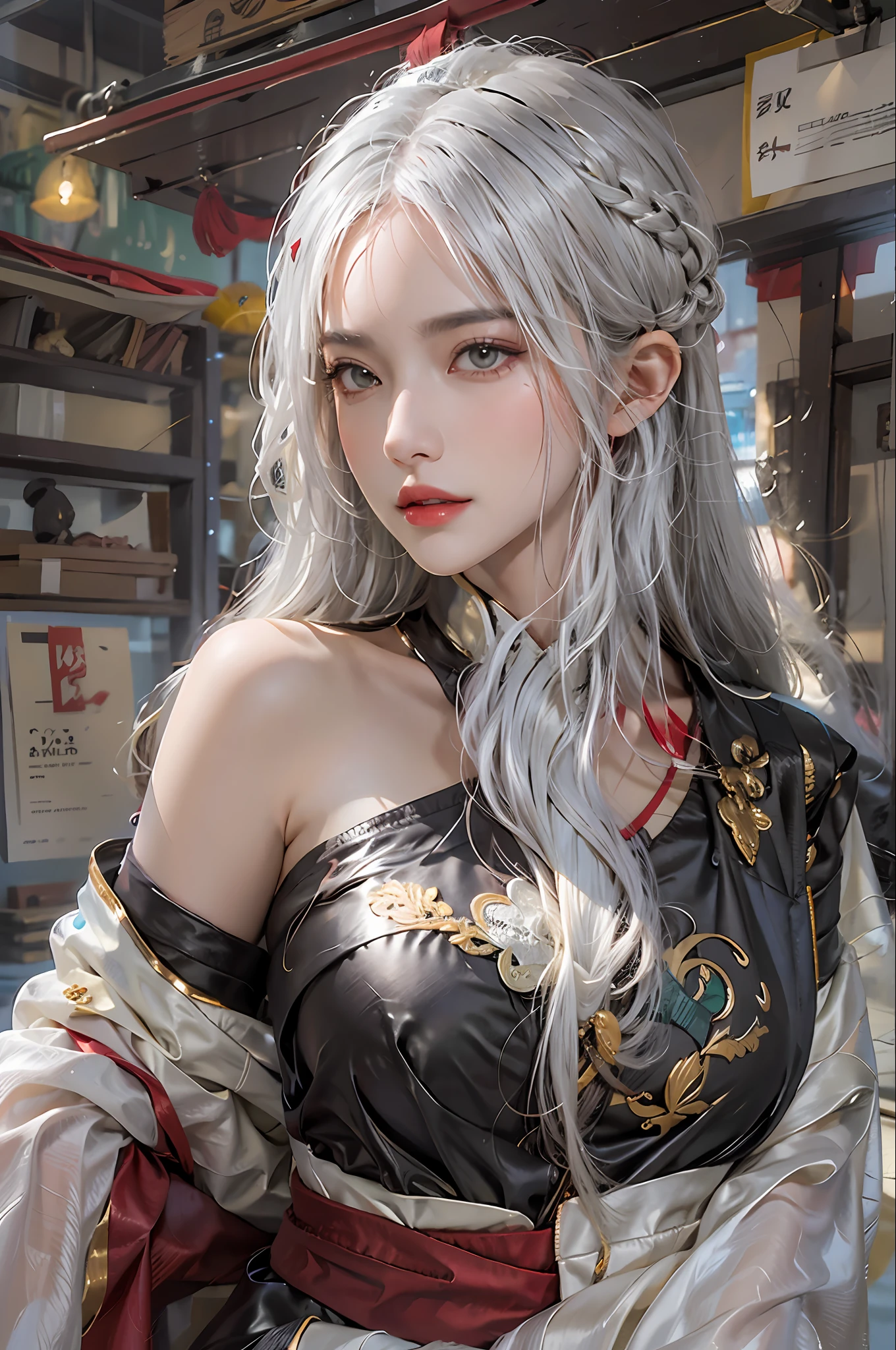 photorealistic, high resolution, 1women, solo, hips up, look at viewer, (detailed face), white hair, long hair, medium breasts, one tattoo on crotch, taoist uniform