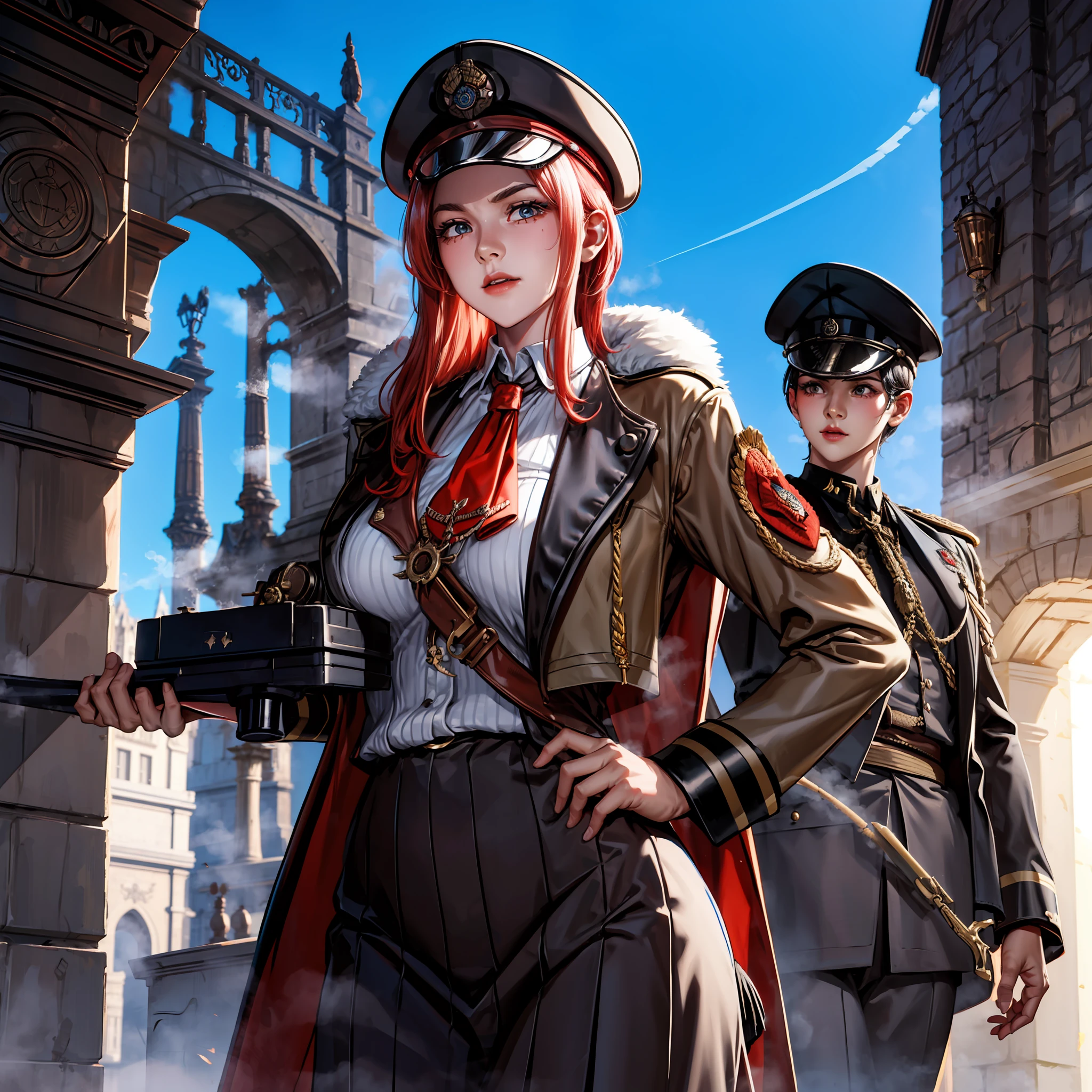 En un mundo dieselpunk. A very nice young soldier in the British army, con un gran sombrero y un traje rojo con muchos botones y varias medallas. She carries a strange steam rifle. She is patrolling on a large cobblestone street with large buildings.... La luz es algo pobre debido al exceso de humo.