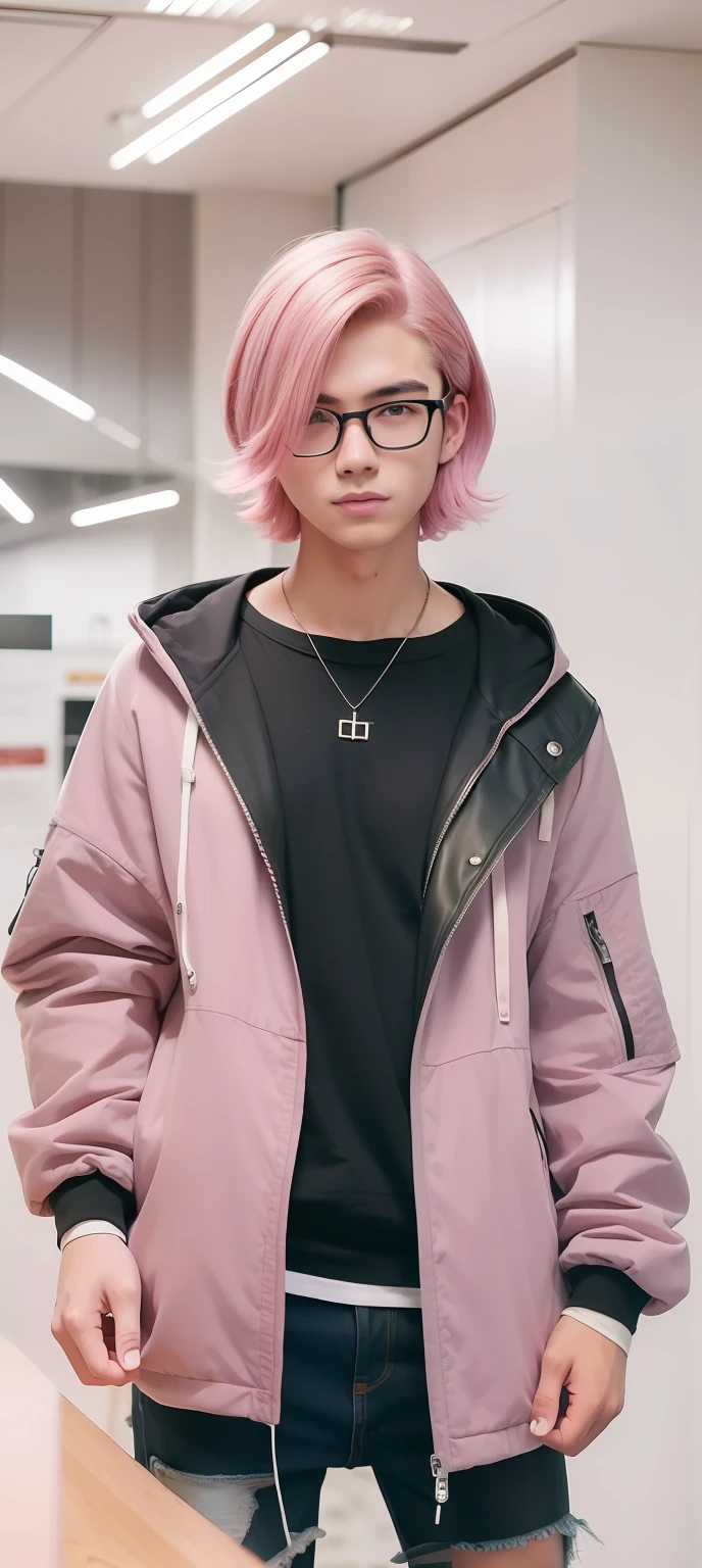 Handsome ,wolf cut hair,pink hair, round glasses, realistic, ultra detail, 70mm lens