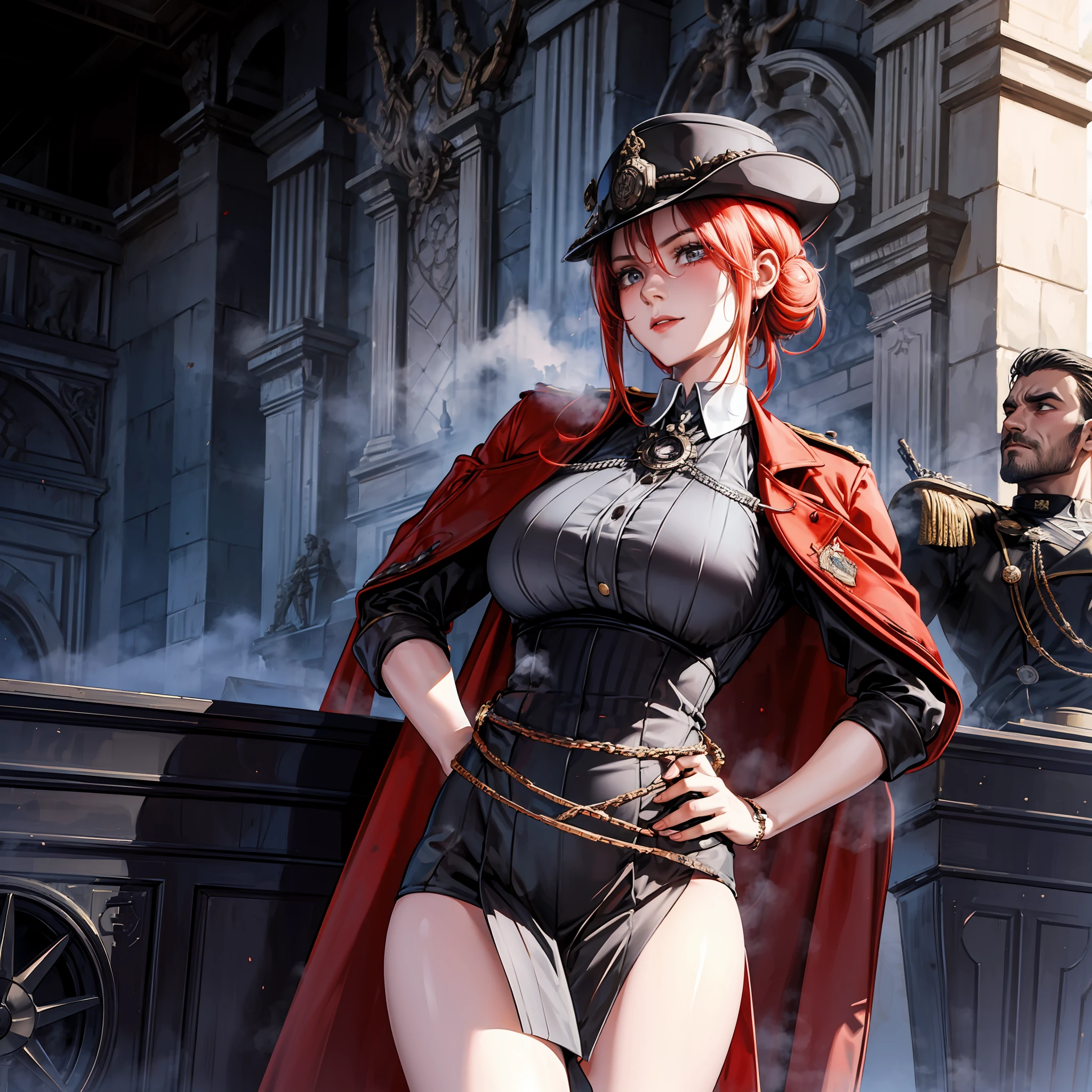 En un mundo dieselpunk. A very nice young soldier in the British army, con un gran sombrero y un traje rojo con muchos botones y varias medallas. She carries a strange steam rifle. She is patrolling on a large cobblestone street with large buildings.... La luz es algo pobre debido al exceso de humo.