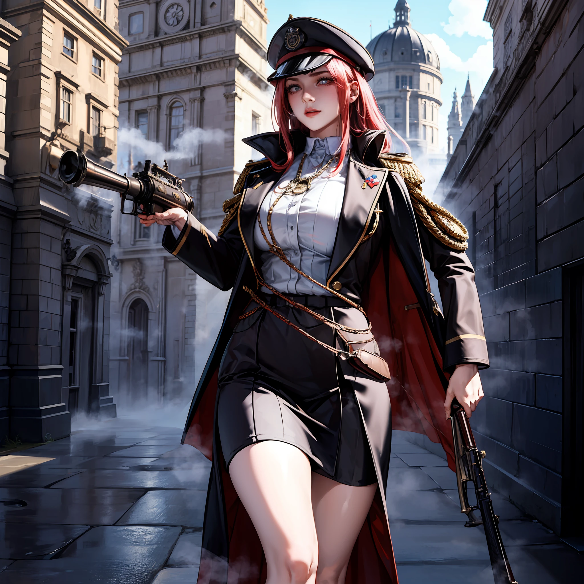 En un mundo dieselpunk. A very nice young soldier in the British army, con un gran sombrero y un traje rojo con muchos botones y varias medallas. She carries a strange steam rifle. She is patrolling on a large cobblestone street with large buildings.... La luz es algo pobre debido al exceso de humo.